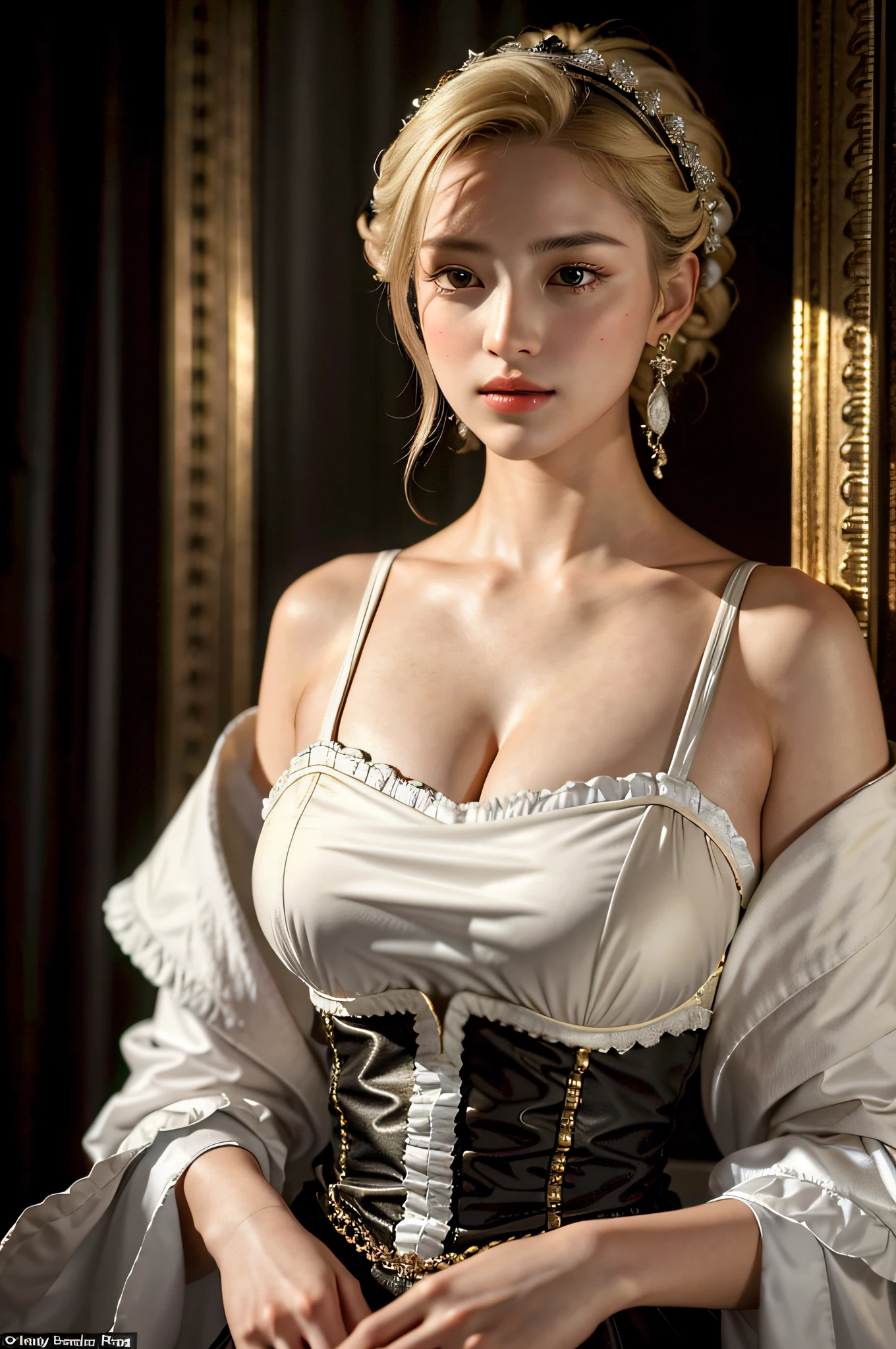 (Realisticity: 1.3), Fine, Quality, Rembrandt Lighting, (Masterpiece: 1.2), (Realisticity: 1.2), (Best Quality), (Skin Details: 1.3), (Intricate Details), Dramatic, Ray Tracing, 1Girl, Eighteenth-century European Lady Costumes, Gorgeous Costumes, Confident and Independent Beauty, Unique Charm, Blonde, 21 years old, huge breasts, open chest, open collar, revealing most breasts, Elizabeth Swan, Field