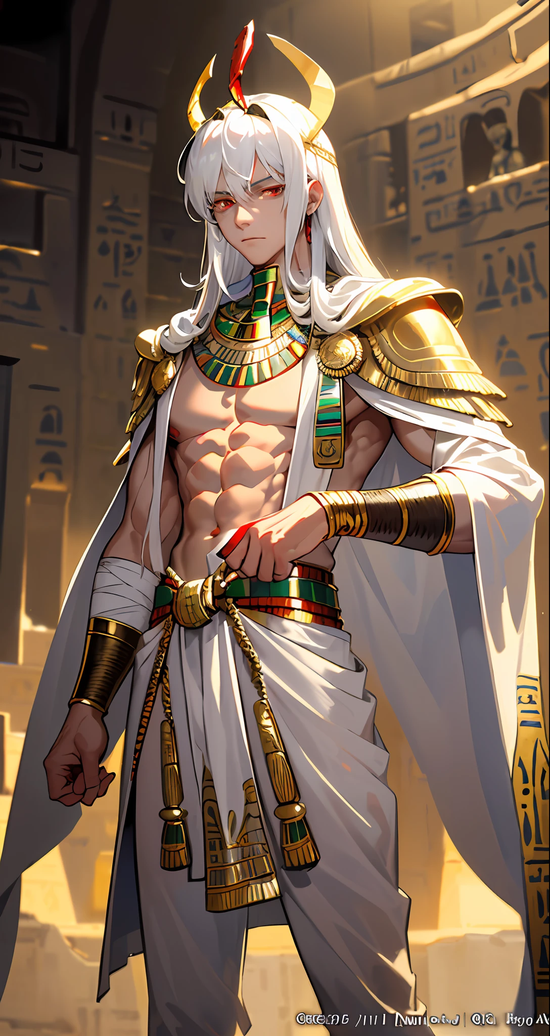Masterpiece, Best Quality, Film Stills, Realistic, (Masterpiece, Top Quality, Best Quality, Official Art,), Very Detailed, Most Detailed, (1boy:1.3), Deity, White Hair, (Glowing Red Eyes), Mysterious, Handsome Man, ((Egyptian Style)), Gold Ornaments, Bandages, Pharaoh, White Robe, Gold Scat in Hand, Pectoral Muscles, Loincloth