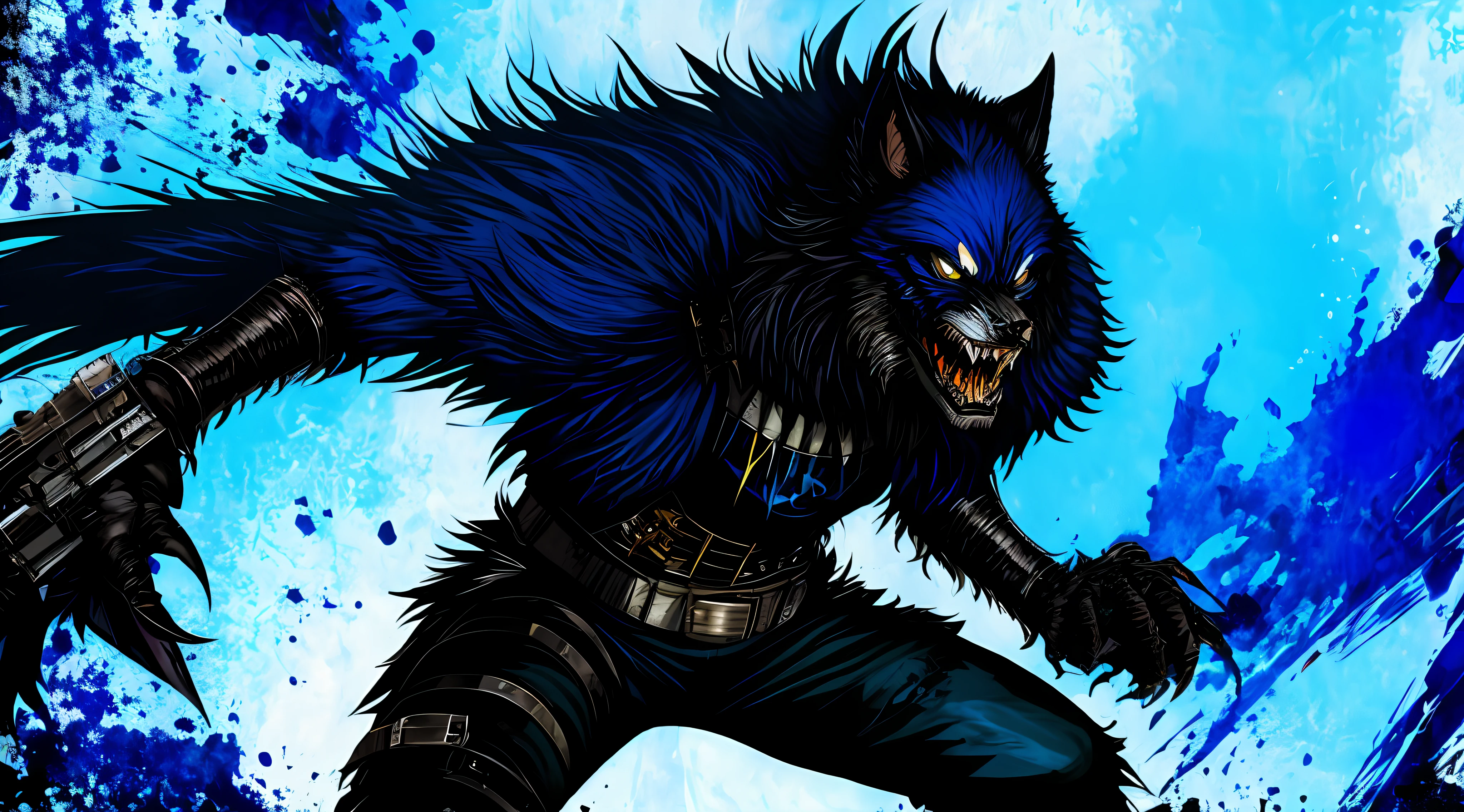 blue and black, a full body berserk werewolf, solo, in the style of Mork Borg, strong contrast, grunge dirty punk splash art, black metal zine