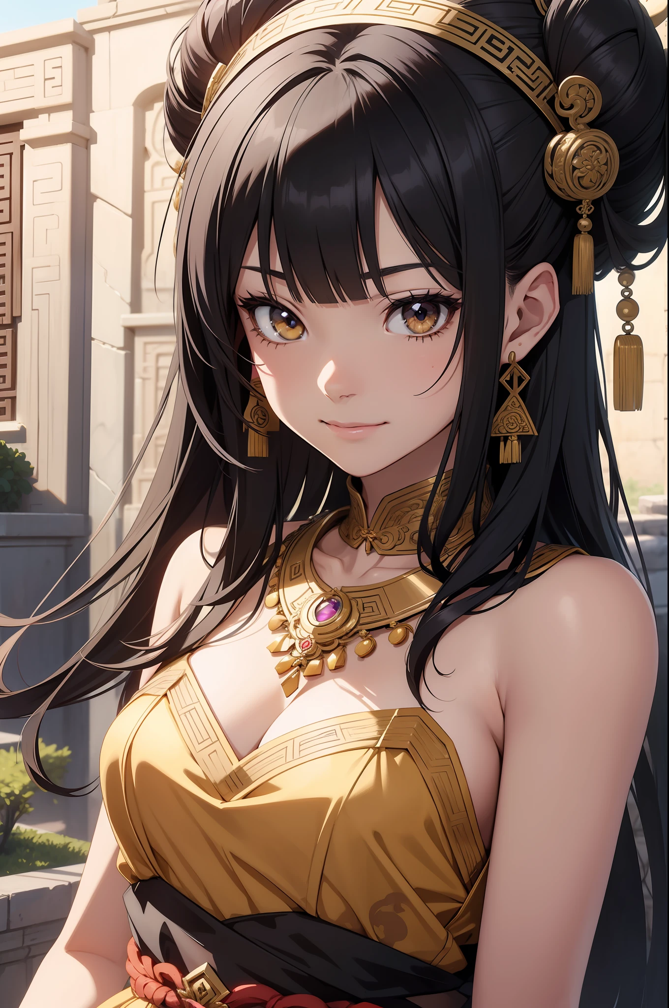 Anime style girl, top quality, masterpiece, detailed skin texture, detailed cloth texture, detailed face, super detail, 8k, intricate detail, 1girl, black hair, bangs, ancient chinese background, thin, collarbone, headdress, earrings, bun, hair ornament, jewelry necklace, smile, full body photo