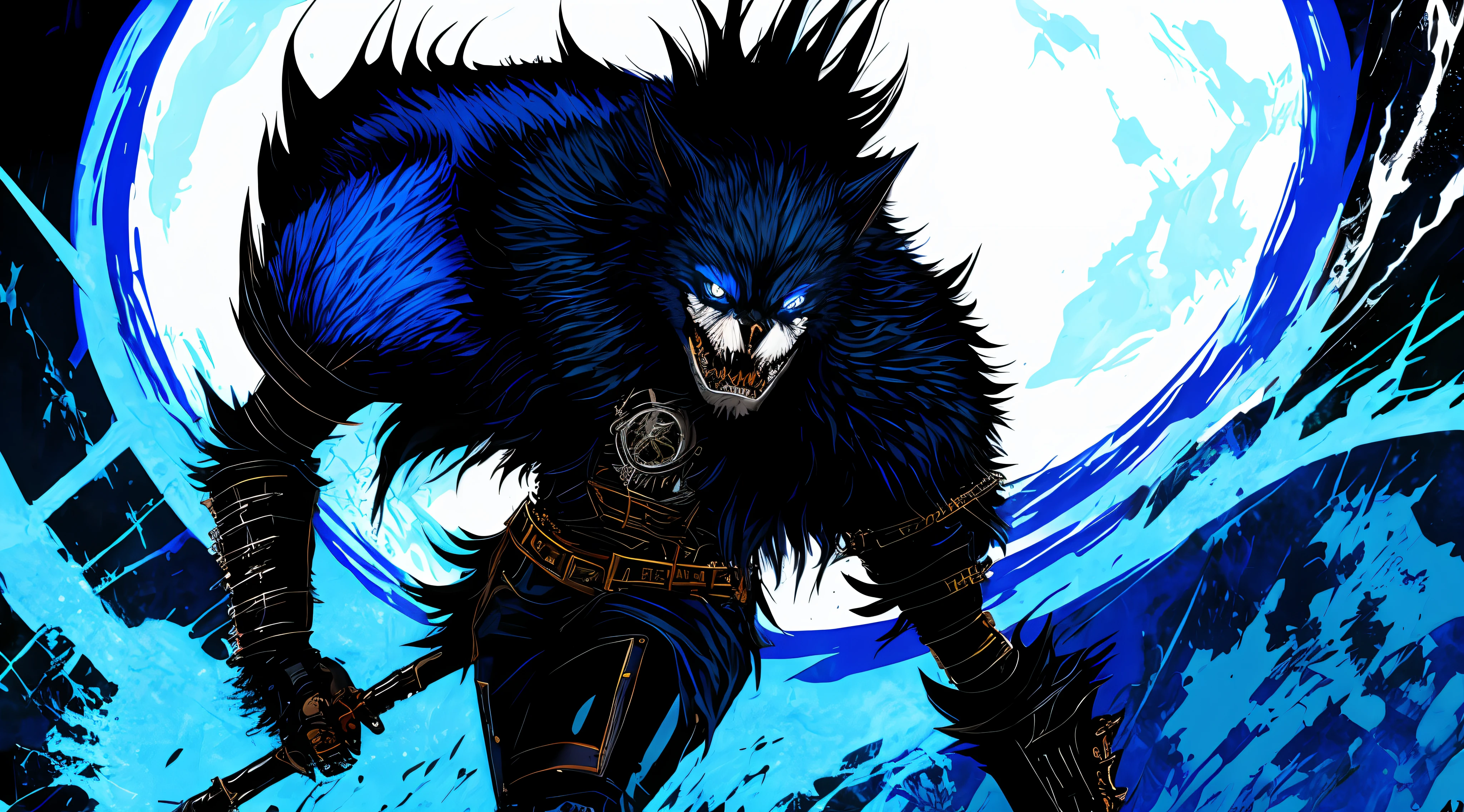 blue and black, a full body berserk werewolf, solo, in the style of Mork Borg, strong contrast, grunge dirty punk splash art, black metal zine