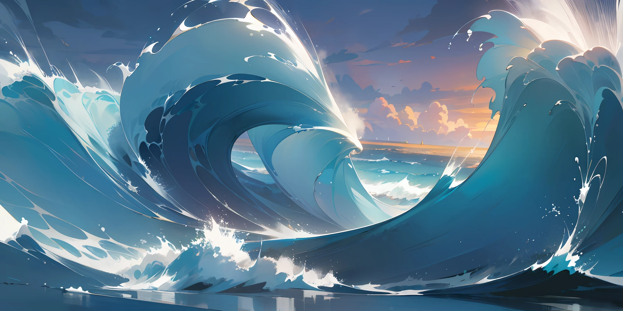 Masterpiece, best quality, official art, extremely detailed CG unified 8k wallpaper, no man, landscape painting, white waves separated to both sides, sea water, white, blue, cyan,