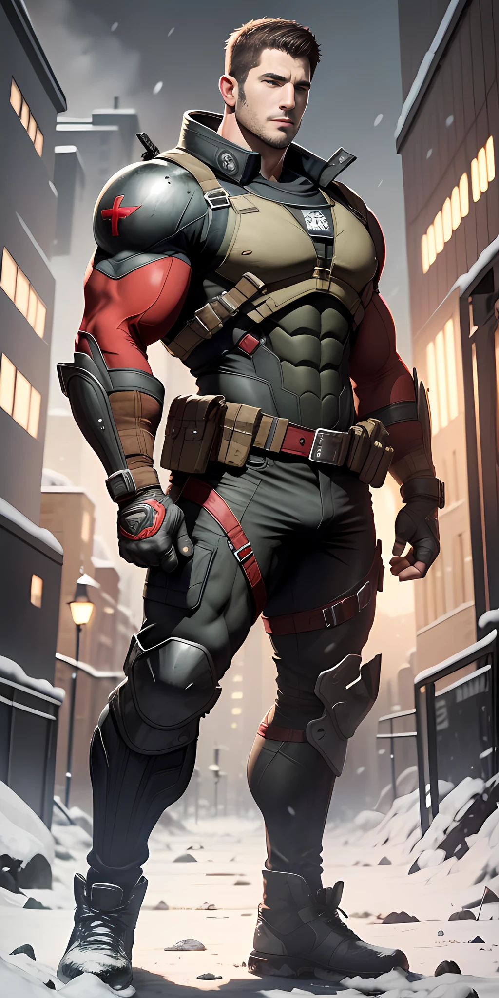 Movie poster, full body, character design (Resident Evil - Chris Redfield, Chris Redfield) wearing a red and black combat uniform, standing alone on the snowy street, with a sad expression, deep and charming eyes, emerald-like pupils, muscle male heroes, heroic male poses, tall and burly, muscular! Sexy charming developed leg muscles, tall burly, red and black combat suit, super buff and cool, high resolution committee, beige cream white combat boots, attractive strong male, bright moonlight on the body, lonely