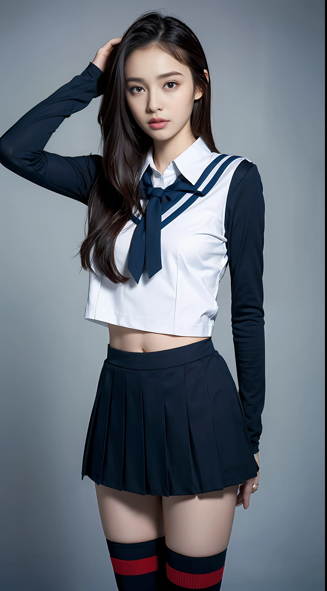 ((Top Quality, 8k, Masterpiece: 1.3)), 1 girl, Beauty with slender abs: 1.3, (Long hair, small: 1.2), Uniform: 1.1, Ultra detailed face, detailed eyes, Double eyelids, pleated skirt, Full body, Knee high socks, Navel