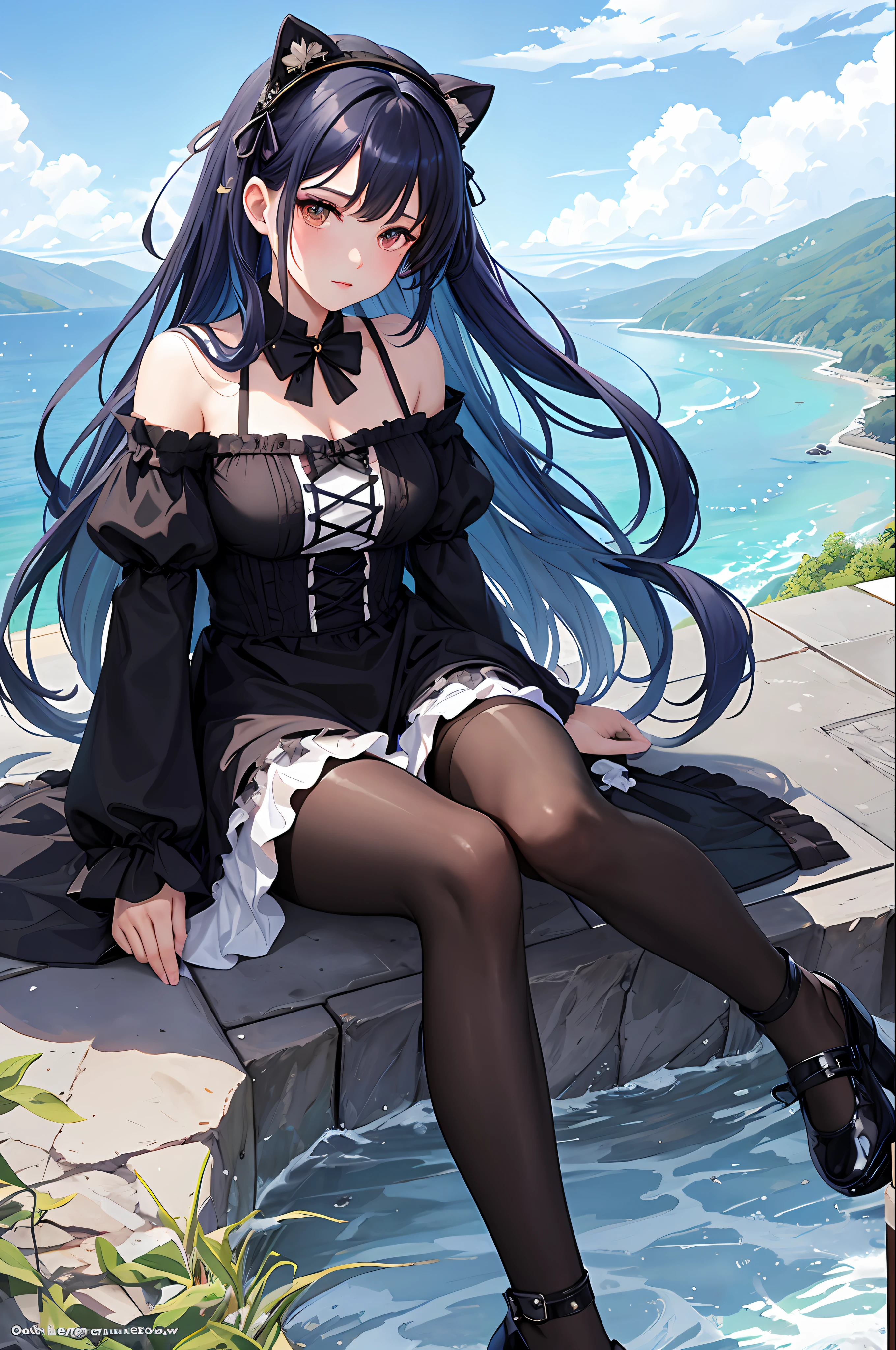 (Masterpiece, Top Quality, Best Quality, Watercolor (Middle), Official Art, Beauty and Aesthetics: 1.2), Bangs, Bare Shoulders, Bells, Black Glove, Black Pantyhose, (Blue Hair), Blush, Beautiful Breasts, Chinese Knot, Off Sleeves, Flower Knot, Water, Liquid, Clouds, Colorful, Starry Dots, Stars, Stockings, Star Diamond Milky Way, Floral Lolita Shoes, Bow Clips;