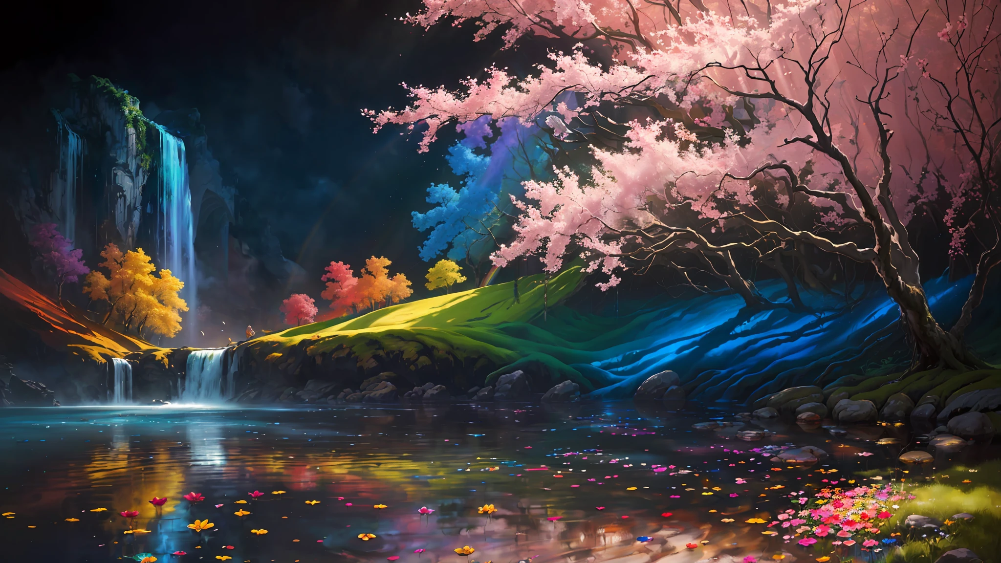 (level difference: 1.8),(Painting colliding and splashing on canvas),(depth), biblical paradise in a garden of amazing flowers,(liquid rainbow hair paint:1.1) made of painting and defying gravity, thick flow, (splashes of paint: 1.3), liquid state, incredibly beautiful, masterpiece, detailed background, high quality model, ethereal background, abstract beauty, explosive volume, oil painting, heavy brushstrokes, romantic lighting, sub-scattering surface, lens 135 mm, f1.8, brightness, 8k, high resolution, dreamy, ray tracing, hdr, divine rays,