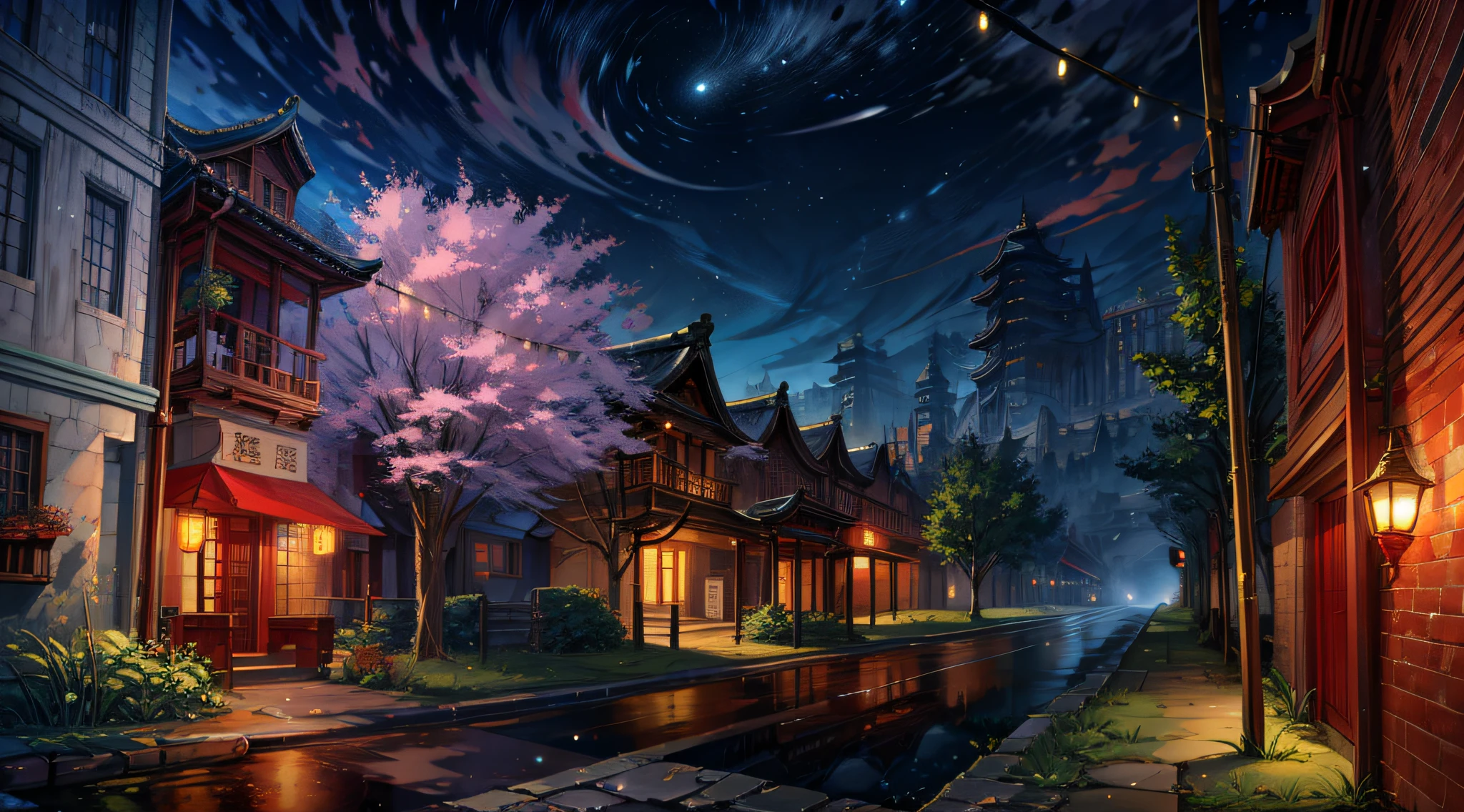 (Absurdity: 1.2), (Masterpiece: 0.8), (Depth of field: 0.9), (Old Brick City: 1.2), (Good Texture: 1.1), (City Center: 0.8), (Style Adventure: 1), (Very Detailed Road: 0.7), (Reflective Puddle: 0.4), (Night: 1.1), (Night Sky: 1.2), Street View, Ancient Chinese Architecture.