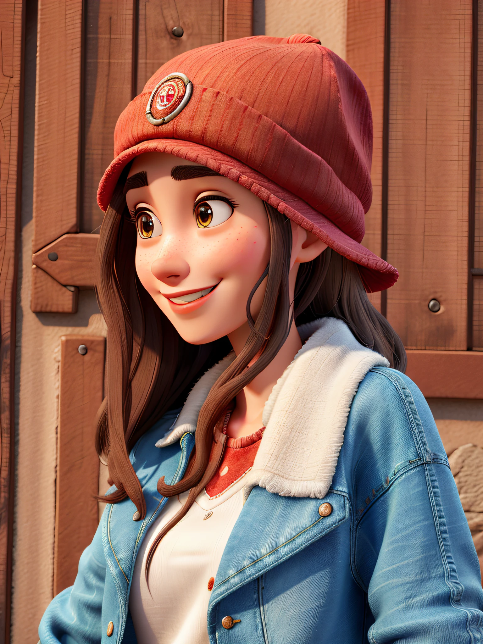 HD, (best detail) (best quality), detailed facial features, Arad woman in red hat and denim jacket