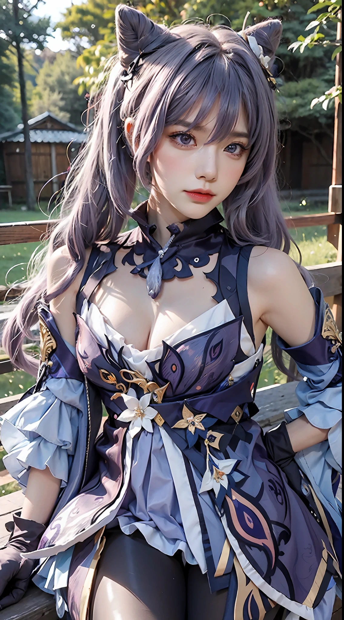 Masterpiece, best quality, detail, depth of field, ultra-realistic, realistic face and eyes, realistic skin texture, cinematic lighting, eyes to see the audience. 1 girl, solo, (frown, closed mouth), keqing_\(genshin_impact\), purple_eyes, purple hair, double tail, sharp eyes, serious face, gloves, black stockings, outdoor, purple lightning, fileg, lightning glowing sword, purple lightning, upper body