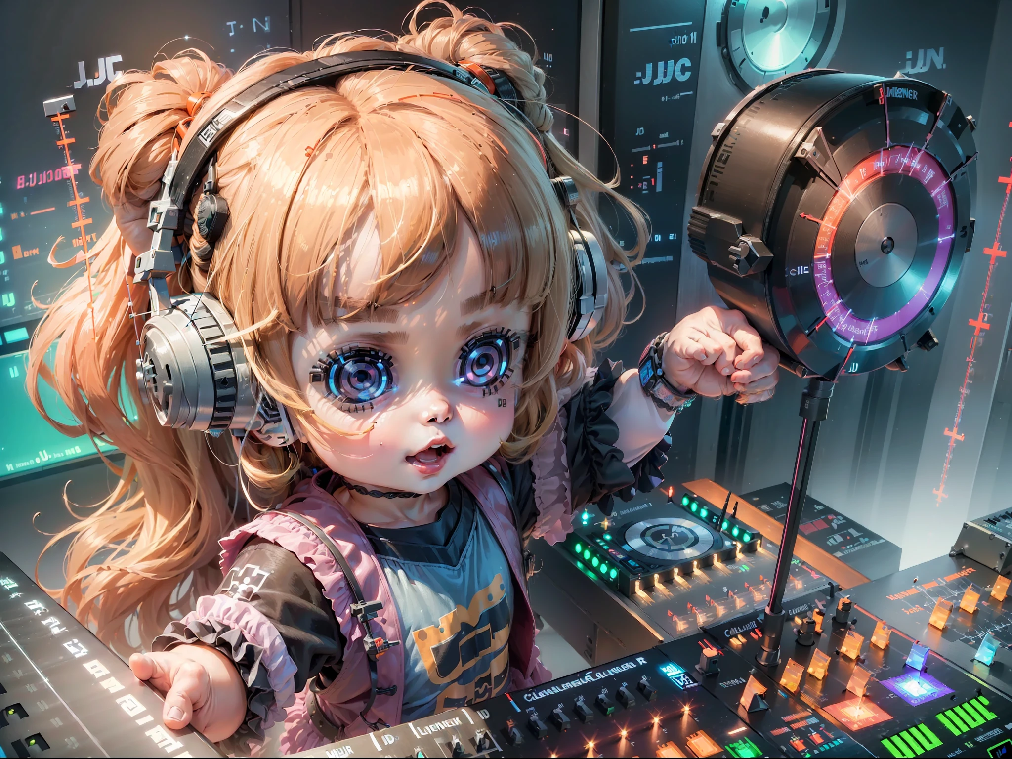 ((best quality)), ((ultradetailed)), ((masterpiece)), (she stands behind the DJ console with one hand raised up and the other controlling the vernier:1.8), pretty eyes, big eyes, cute, happy, laser show and lighting devices at background, chibi, fluorescent translucent, glowing body, kawaii, expression pose, intricate detail, high detail, 8k, studio lighting, , petite, (child:1.6), chibi , character SD:1.1, 4K