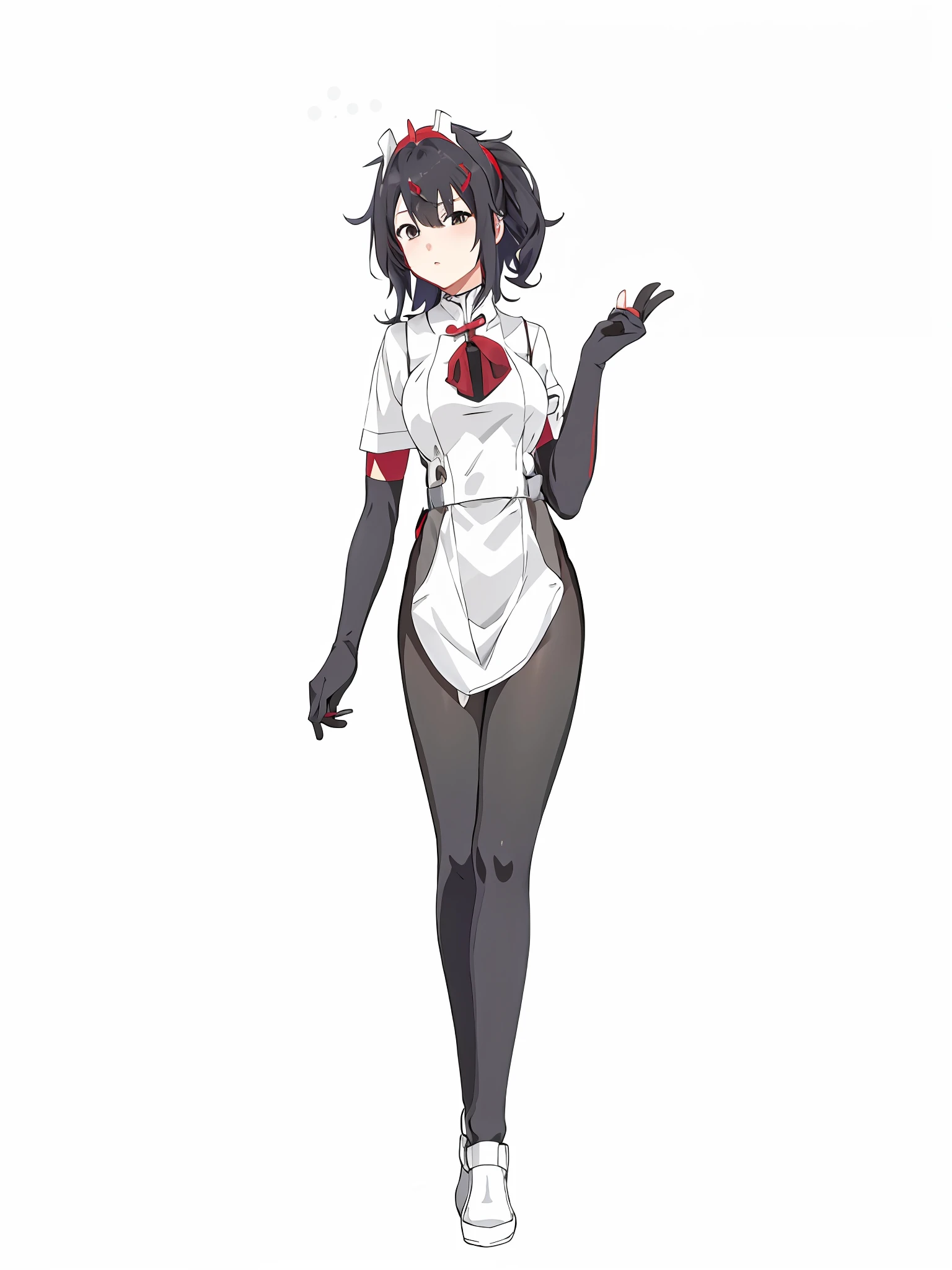 Anime character (waitress) girl in white shirt and black stockings, Kantai collection style, red Chinese headdress, single character full body, anime moe art style, Saori, Yandere, Makoto Shinka, Gapmoe Yandere, various poses, official character art, full body!!
