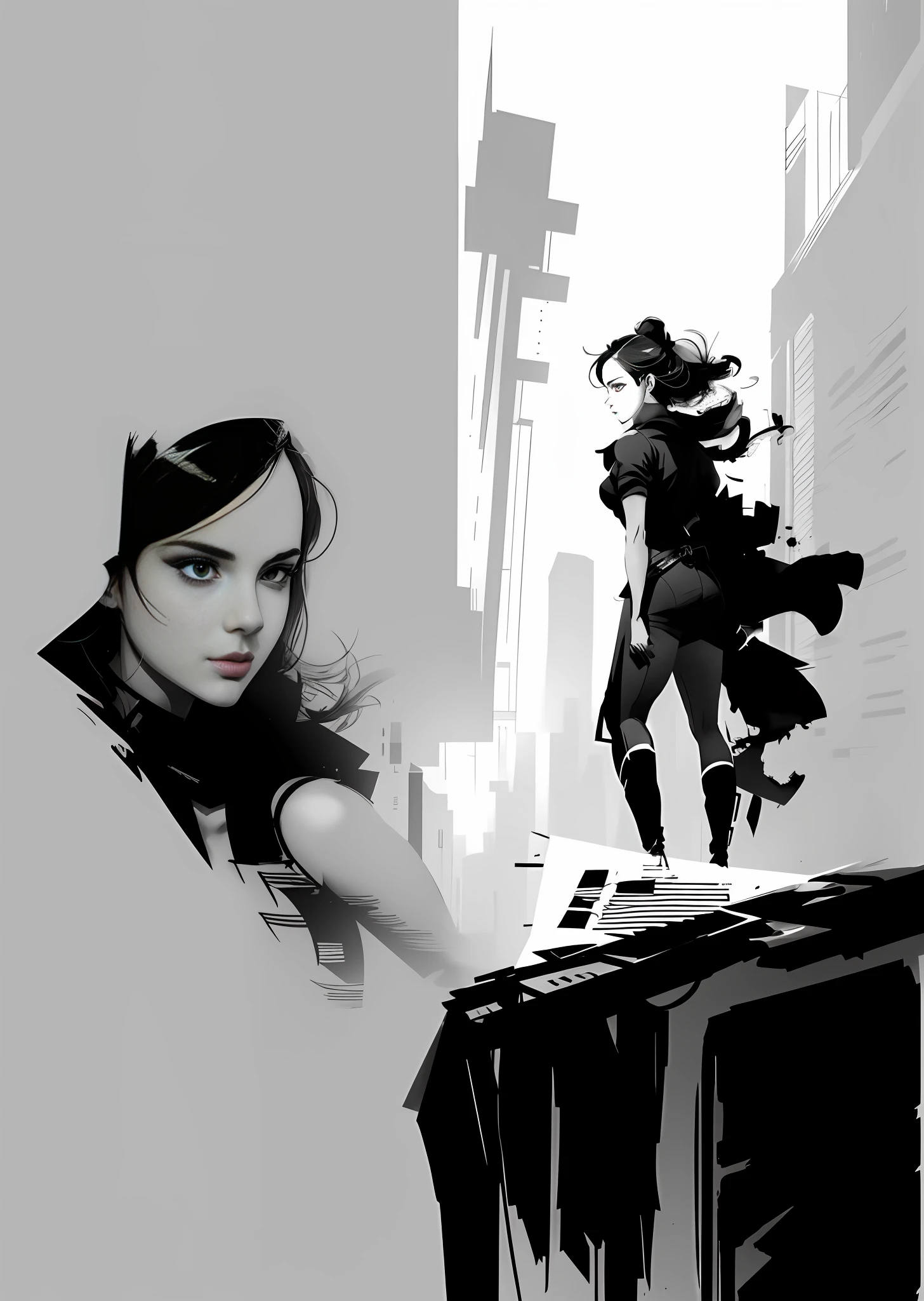 drawing of a woman standing on a ledge with a shadow of a man, rough sketch, old sketch, explorer sketch, digital sketch, concept art sketch, keyframe illustration, quick sketch, ink and screentone, line sketch, inspired by Glen Keane, detailed but rough, keyframe, concept sketch, dark high-contrast concept art, rey tracing, matte sketch