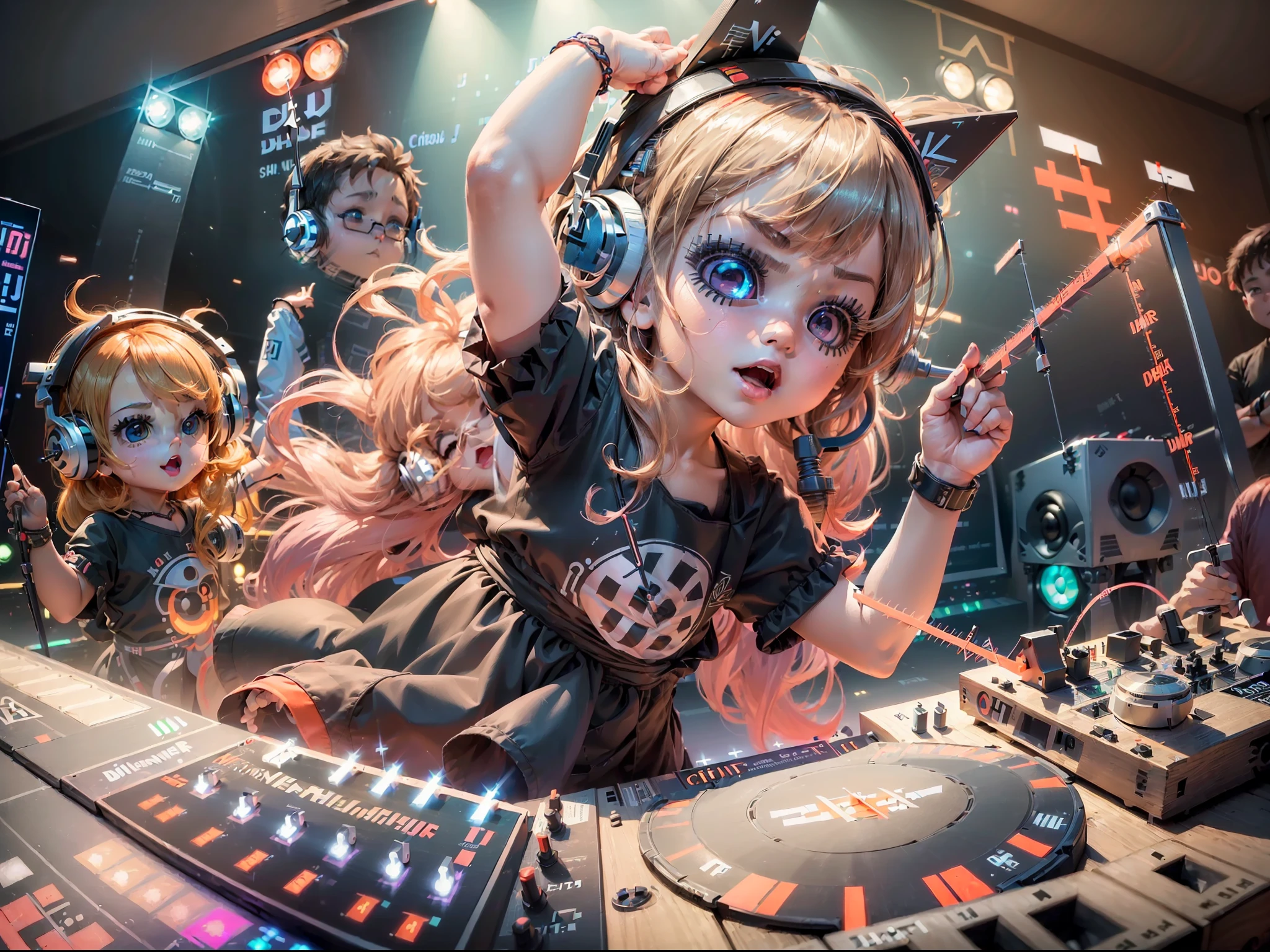 ((best quality)), ((ultradetailed)), ((masterpiece)), (she stands behind the DJ console with one hand raised up and the other controlling the vernier:1.8), pretty eyes, big eyes, cute, happy, laser show and lighting devices at background, chibi, fluorescent translucent, glowing body, kawaii, expression pose, intricate detail, high detail, 8k, studio lighting, loli, petite, (child:1.6), chibi , character SD:1.1, 4K