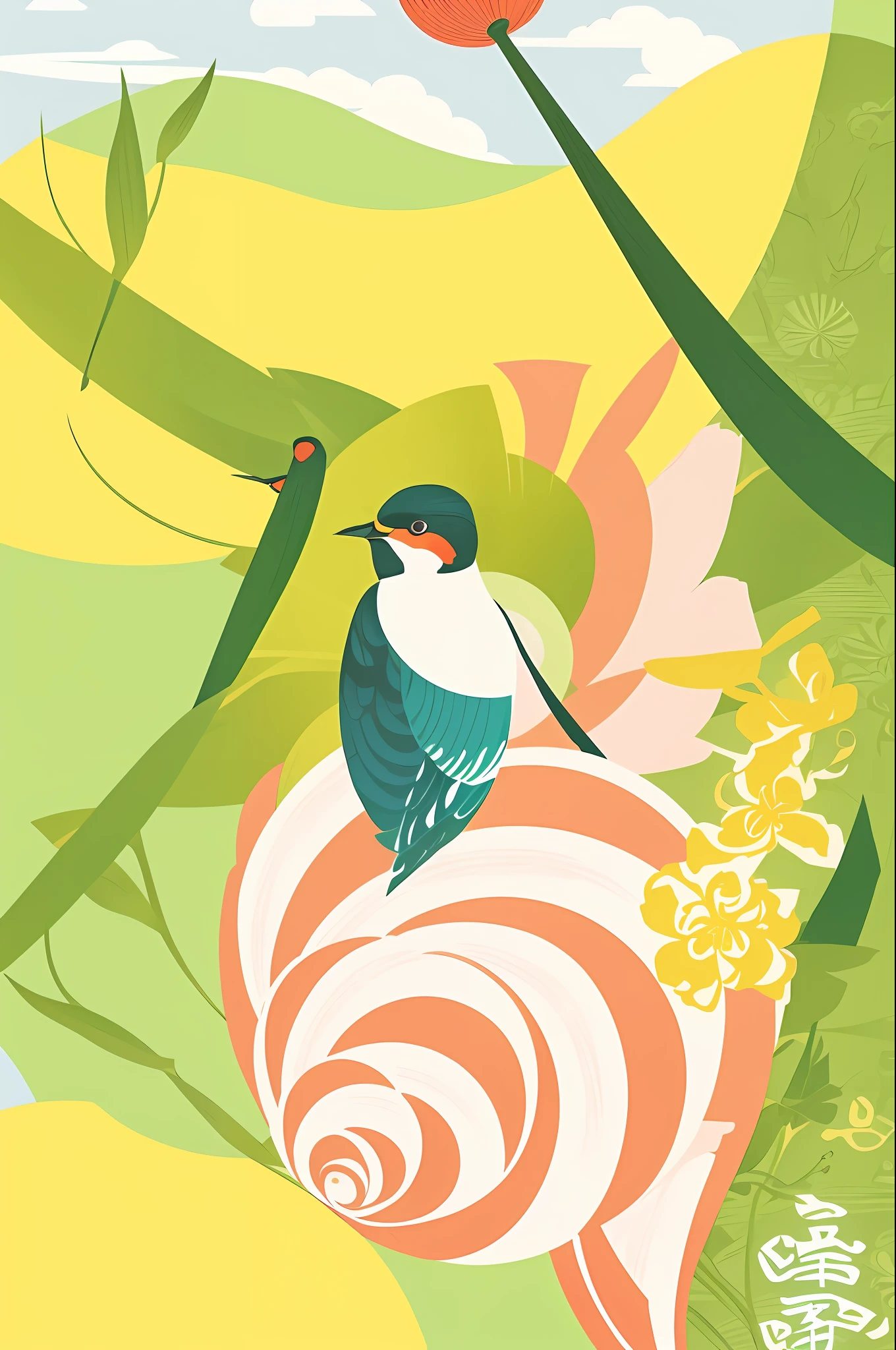 Chinese equinox, flowers, swallows, wicker, spring green, bright background, stylized illustration, inspired by Hokusai, flat illustration, beautiful illustration, hyper-detail illustration, stylized illustration, Victor Ngai style, white space at the top of the picture --auto --s2