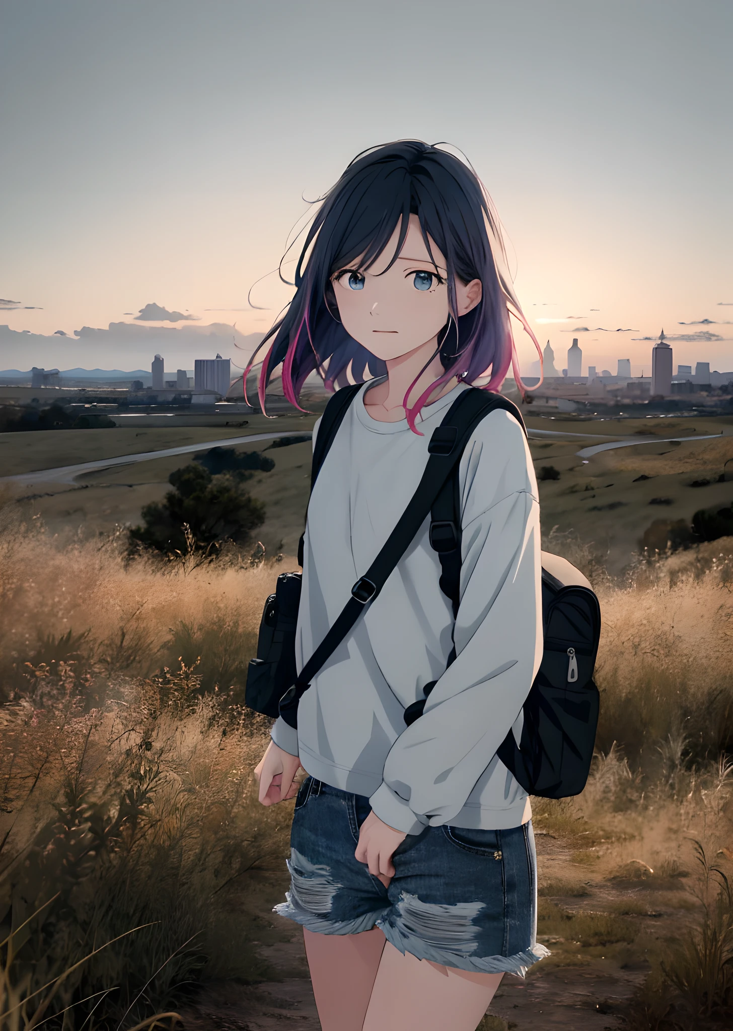 The vast sky, beautiful skyline, large grasslands, extremely tense and dramatic pictures, moving visual effects, the high-hanging Polaris, and colorful natural light. Long-sleeved top, denim shorts, and a girl with a backpack.
