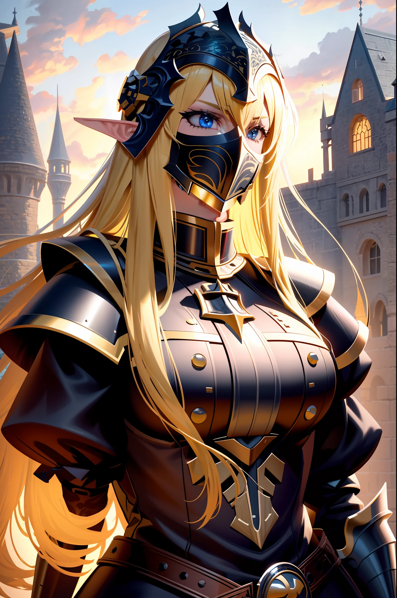 ((realistic)), cinematic shot, cinema, referenced photo, high quality, high quality, (detailed face and eyes: 1.1), a huge knight wearing a heavy black armor, ((intricate helmet)), face mask armor , ((large eyes)), black sclera, in the field, black eyes, subsurface scattering, intricate (high detail), ((cute)), (detailed skin: 1.1), shiny skin, photorealism, volumetric lighting, magic circles , magic runes on armor, a castle in the background, woman, large breasts, long yellow hair, elf ears, konosuba, (((no mistakes))), ((well detailed)), (((extremely well done)))