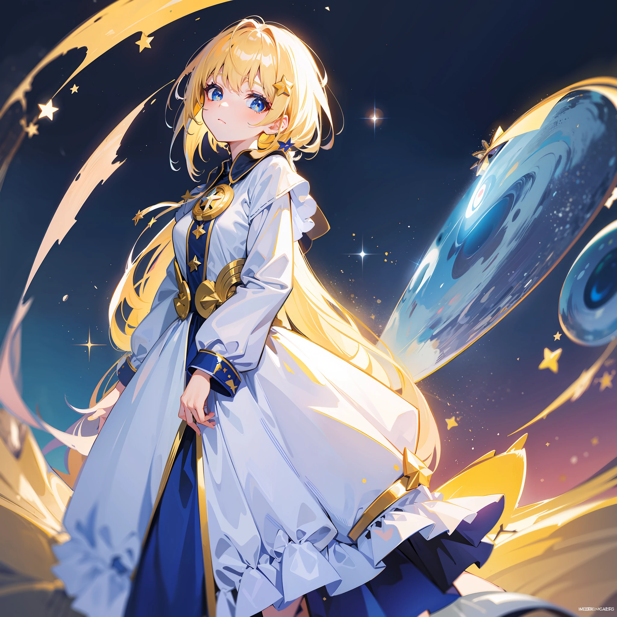 make the dress dark blue with star symbol along it. remove the golden hair behind the girl.