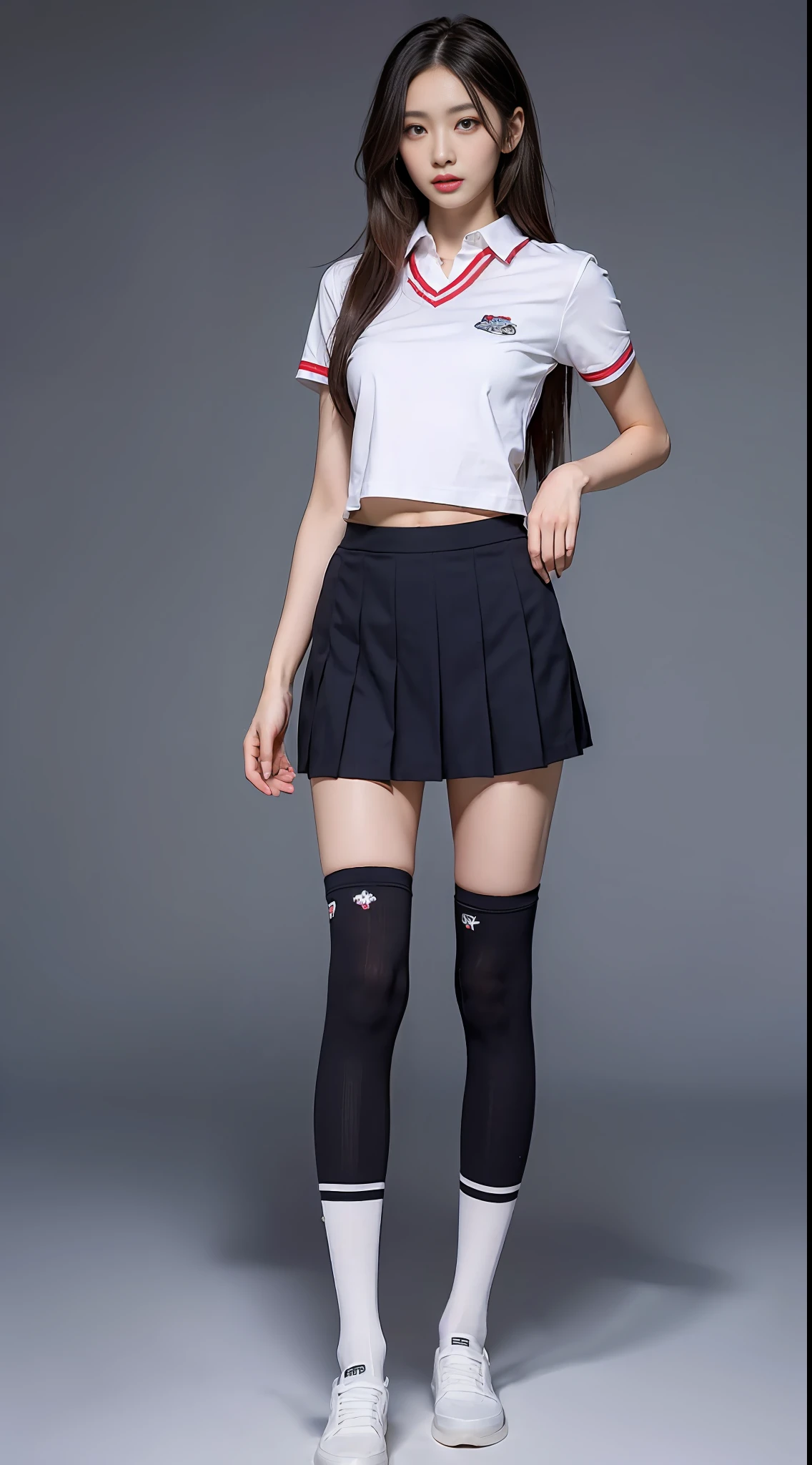 ((Top Quality, 8k, Masterpiece: 1.3)), 1 girl, Beauty with slender abs: 1.3, (Long hair, small: 1.2), Uniform: 1.1, Ultra detailed face, detailed eyes, Double eyelids, pleated skirt, Full body, Knee high socks, Navel