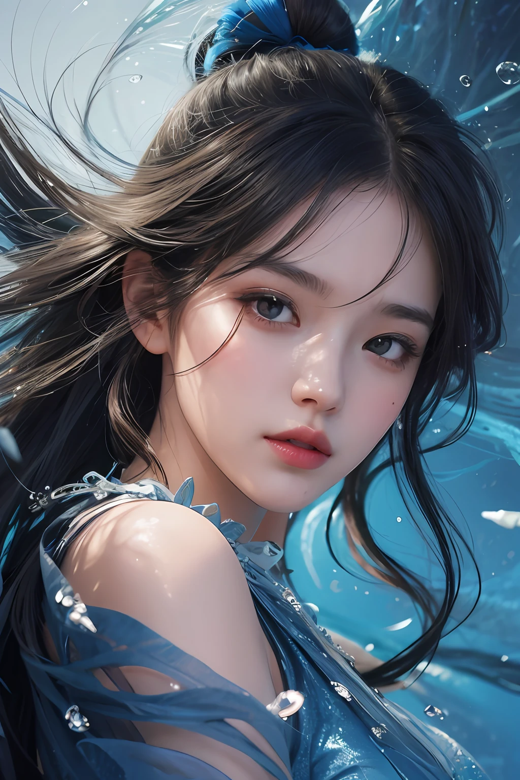 a woman with long hair and a blue dress is under water, artwork in the style of guweiz, guweiz, beautiful anime portrait, by Yang J, stunning anime face portrait, wallpaper anime blue water, beautiful digital artwork, asian female water elemental, by Li Song, beautiful digital illustration, detailed digital anime art, beautiful character painting, beautiful anime face