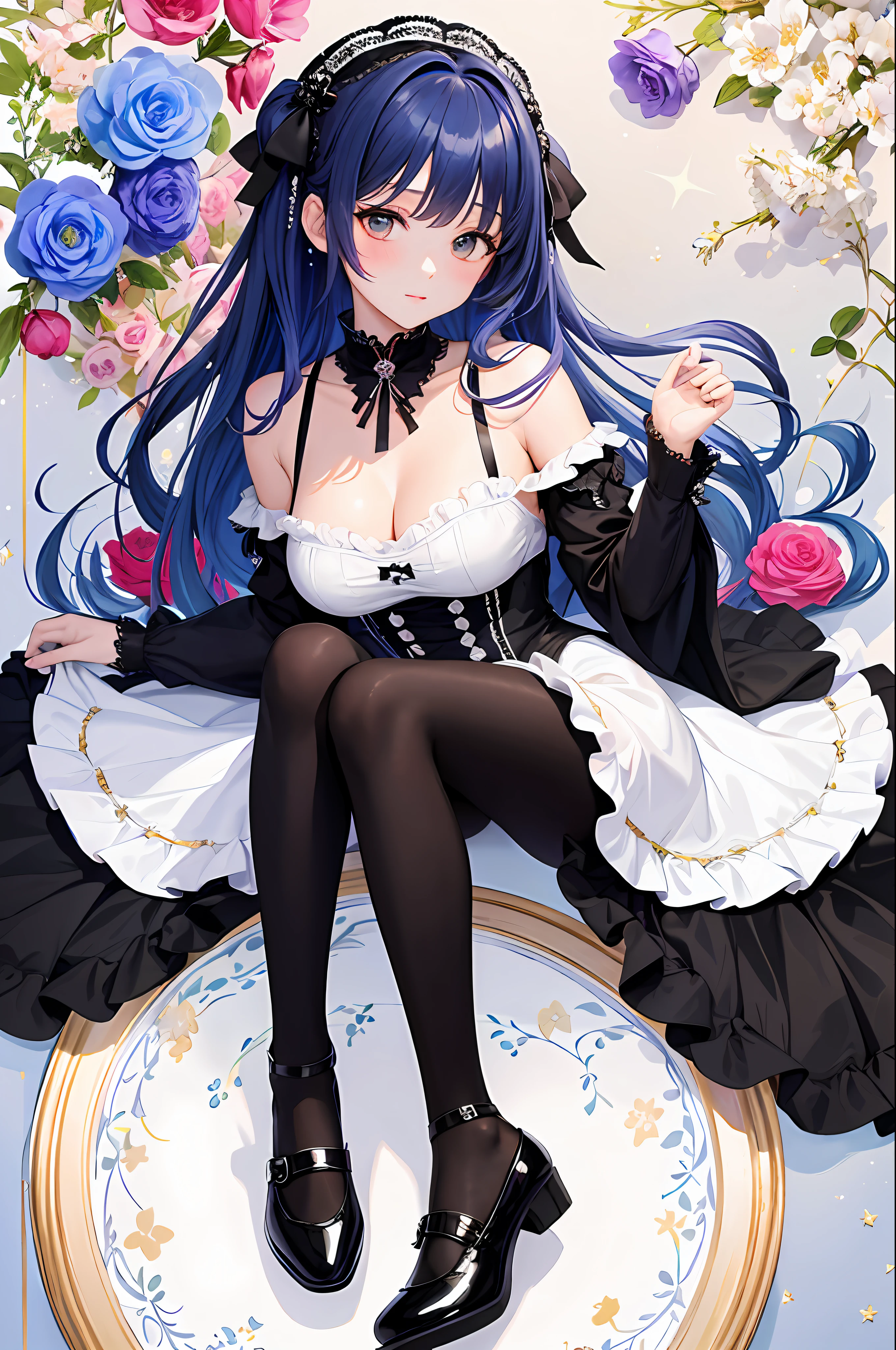 (Masterpiece, Top Quality, Best Quality, Watercolor (Middle), Official Art, Beauty and Aesthetics: 1.2), Bangs, Bare Shoulders, Bells, Black Glove, Black Pantyhose, (Blue Hair), Blush, Beautiful Breasts, Chinese Knot, Off Sleeves, Flower Knot, Water, Liquid, Clouds, Colorful, Starry Dots, Stars, Stockings, Star Diamond Milky Way, Floral ta Shoes, Bow Clips;