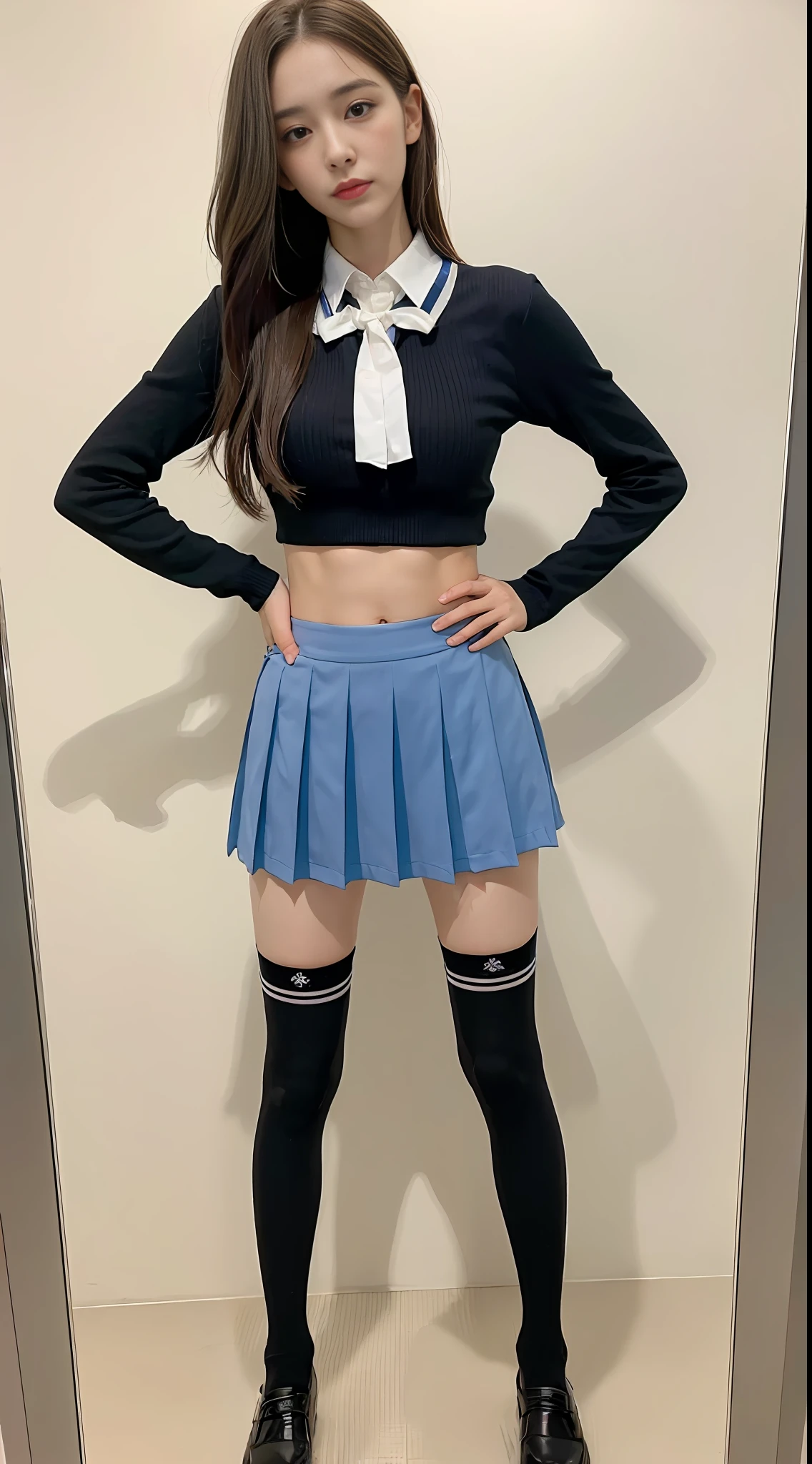((Top Quality, 8k, Masterpiece: 1.3)), 1 girl, Beauty with slender abs: 1.3, (Long hair, small: 1.2), Uniform: 1.1, Ultra detailed face, detailed eyes, Double eyelids, pleated skirt, Full body, Knee high socks, Navel