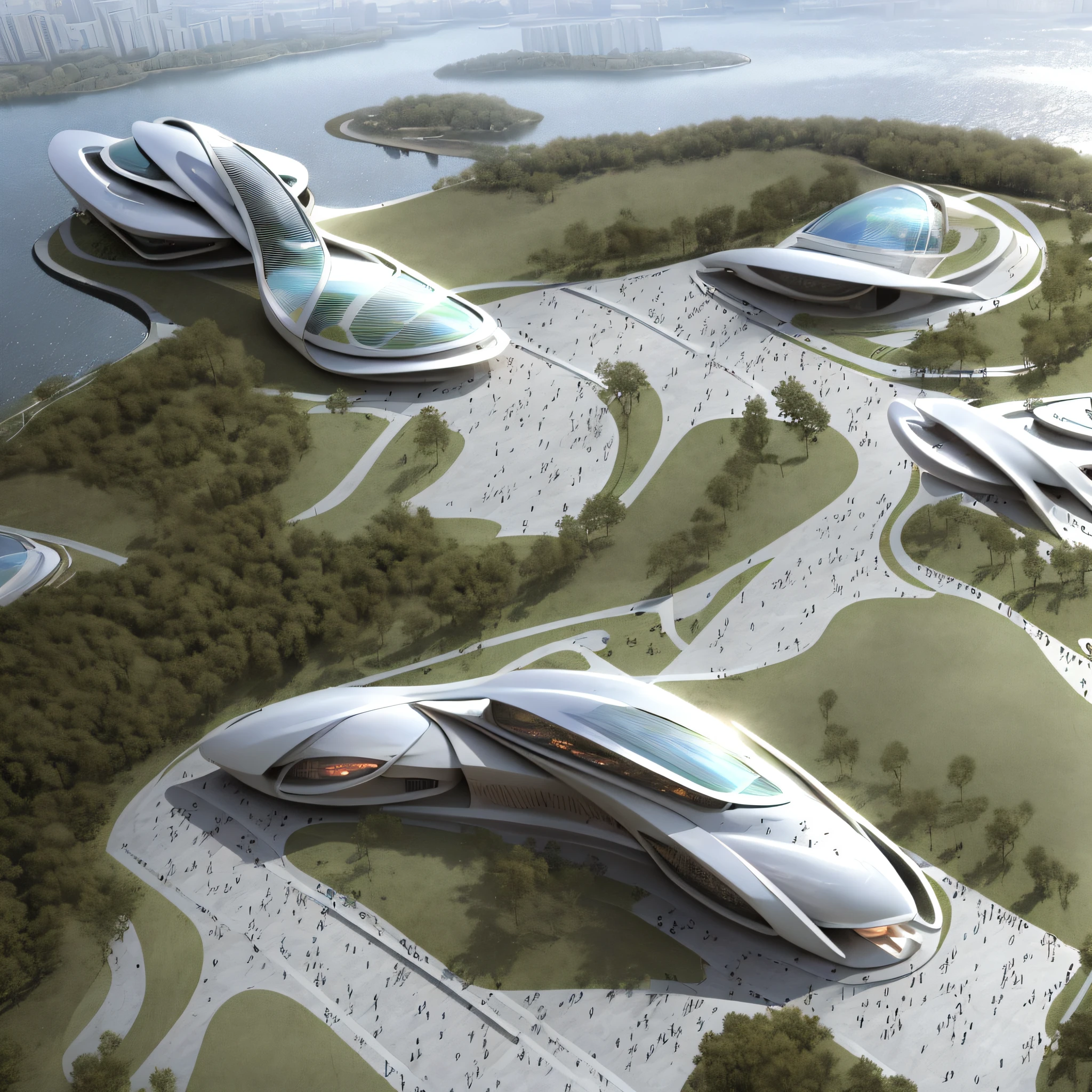 River, city, super high-rise building, high resolution, high image quality, full detail, large white building with a circular roof and green lawn, inspired by Zha Shibiao, by Zha Shibiao, Zaha Hadid architecture, Zaha Hadid style architecture, alien architecture, futuristic architectural art, Zaha Hadid architects, futuristic utopian architecture, huge futuristic architecture, futuristic architecture, portal. Zaha Hadid