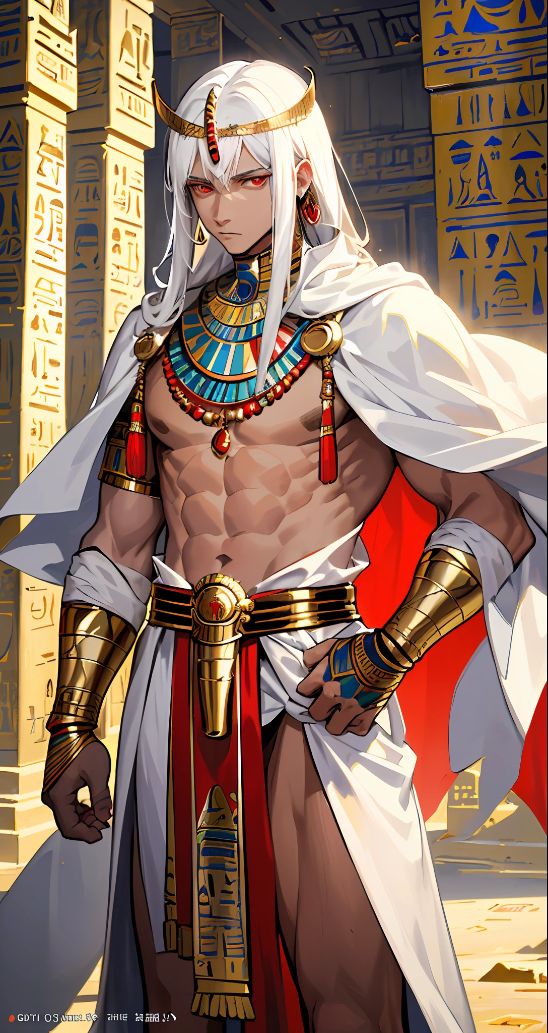 Masterpiece, Best Quality, Film Stills, Realistic, (Masterpiece, Top Quality, Best Quality, Official Art,), Very Detailed, Most Detailed, (1boy:1.3), Deity, White Hair, (Glowing Red Eyes), Mysterious, Handsome Man, ((Egyptian Style)), Gold Ornaments, Bandages, Pharaoh, White Robe, Gold Scat in Hand, Pectoral Muscles, Loincloth