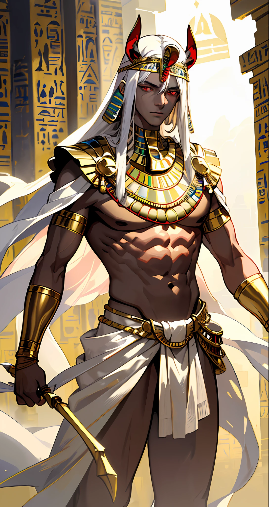Masterpiece, Best Quality, Film Stills, Realistic, (Masterpiece, Top Quality, Best Quality, Official Art,), Very Detailed, Most Detailed, (1boy:1.3), Deity, White Hair, (Glowing Red Eyes), Mysterious, Handsome Man, ((Egyptian Style)), Gold Ornaments, Bandages, Pharaoh, White Robe, Gold Scat in Hand, Pectoral Muscles, Loincloth
