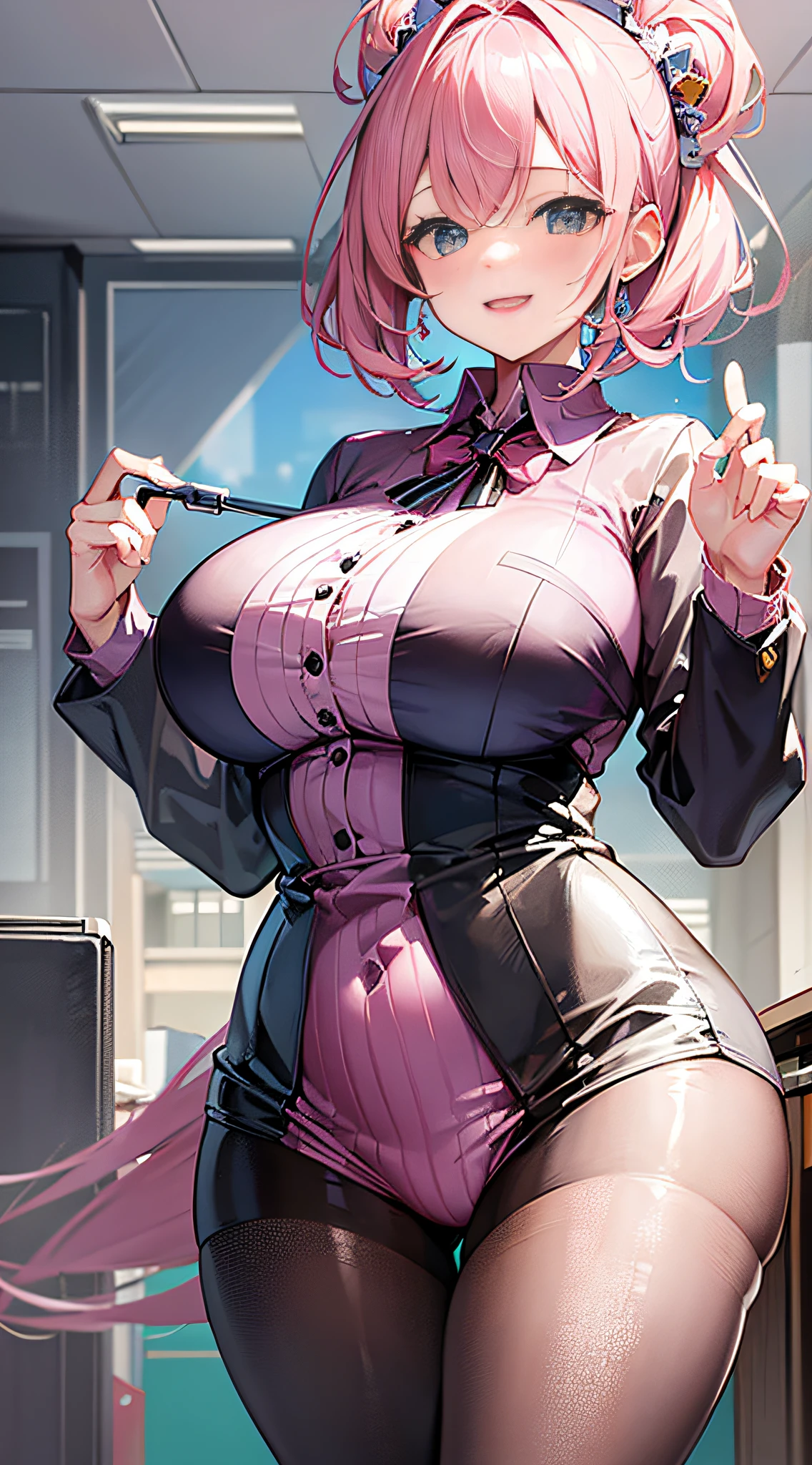 ((masterpiece, best)),(1girl),((mature woman)), light pink hair, dizzy, trumpet, ((office lady)), bangs, mid-chest, (full), slim, smiling, [wide hips] ,office,standing, aru \(blue archive\),