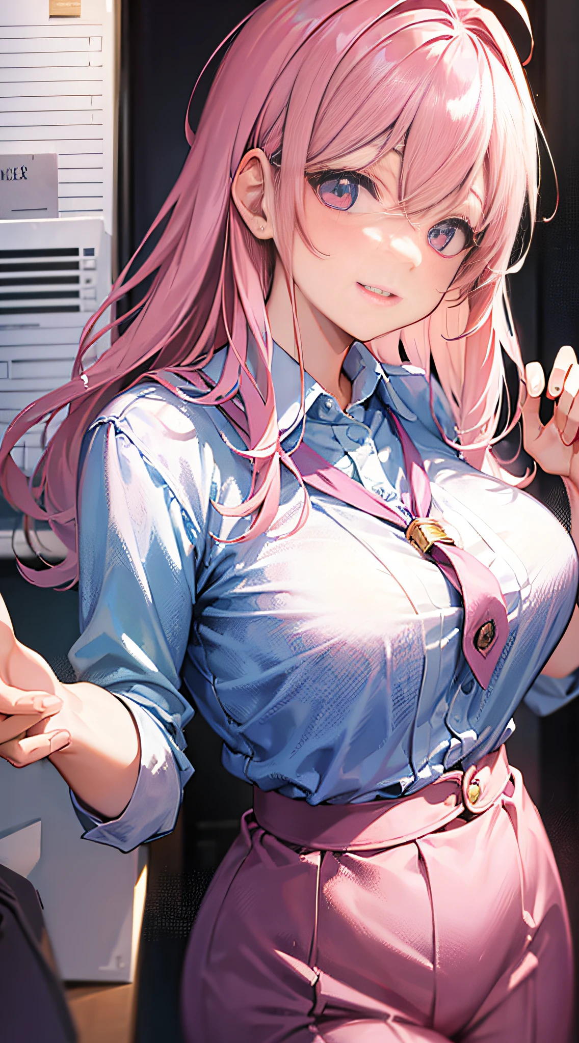 ((masterpiece, best)),(1girl),((mature woman)), light pink hair, dizzy, trumpet, ((office lady)), bangs, mid-chest, (full), slim, smiling, [wide hips] ,office,standing, aru \(blue archive\),