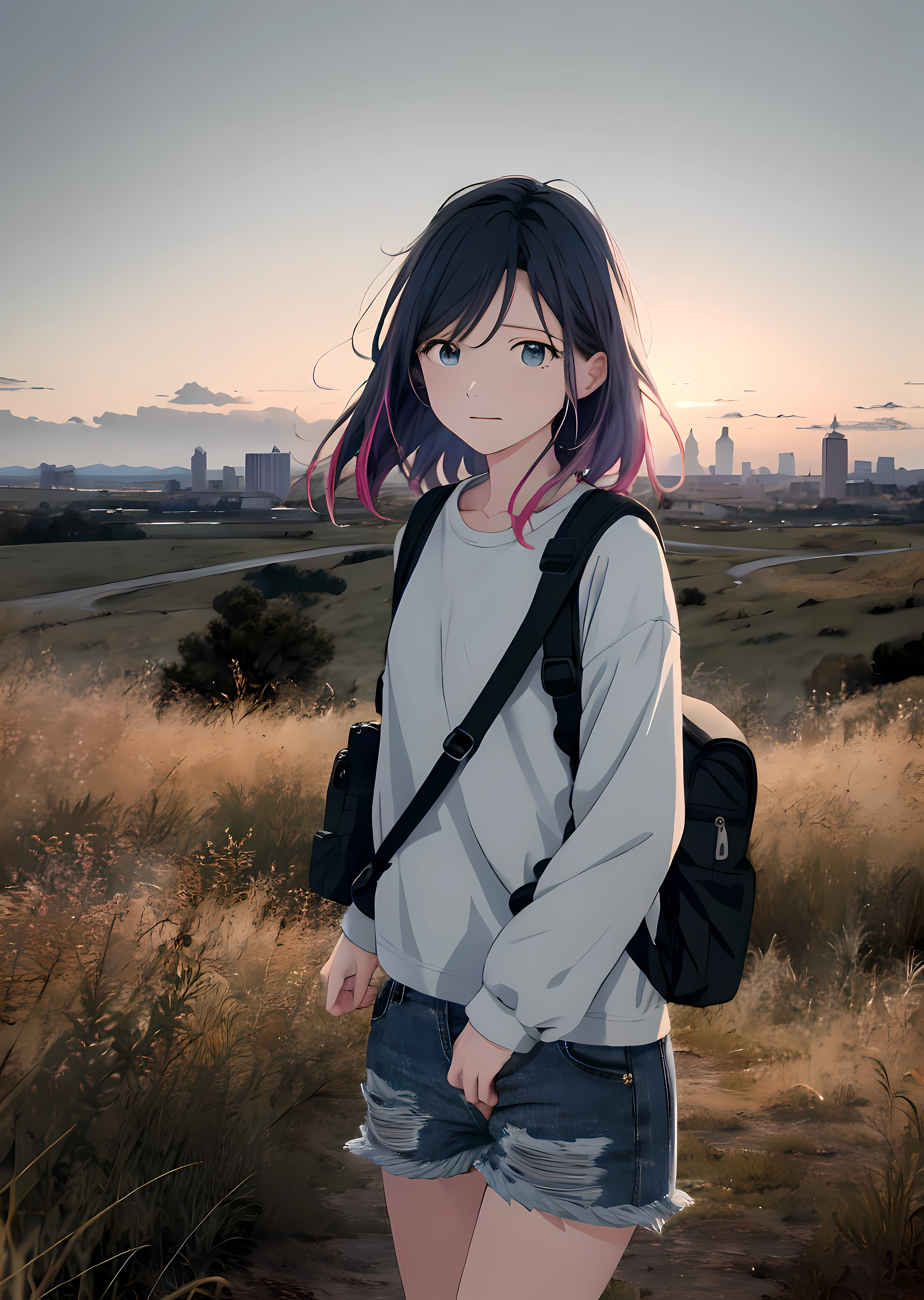The vast sky, beautiful skyline, large grasslands, extremely tense and dramatic pictures, moving visual effects, the high-hanging Polaris, and colorful natural light. Long-sleeved top, denim shorts, and a girl with a backpack.