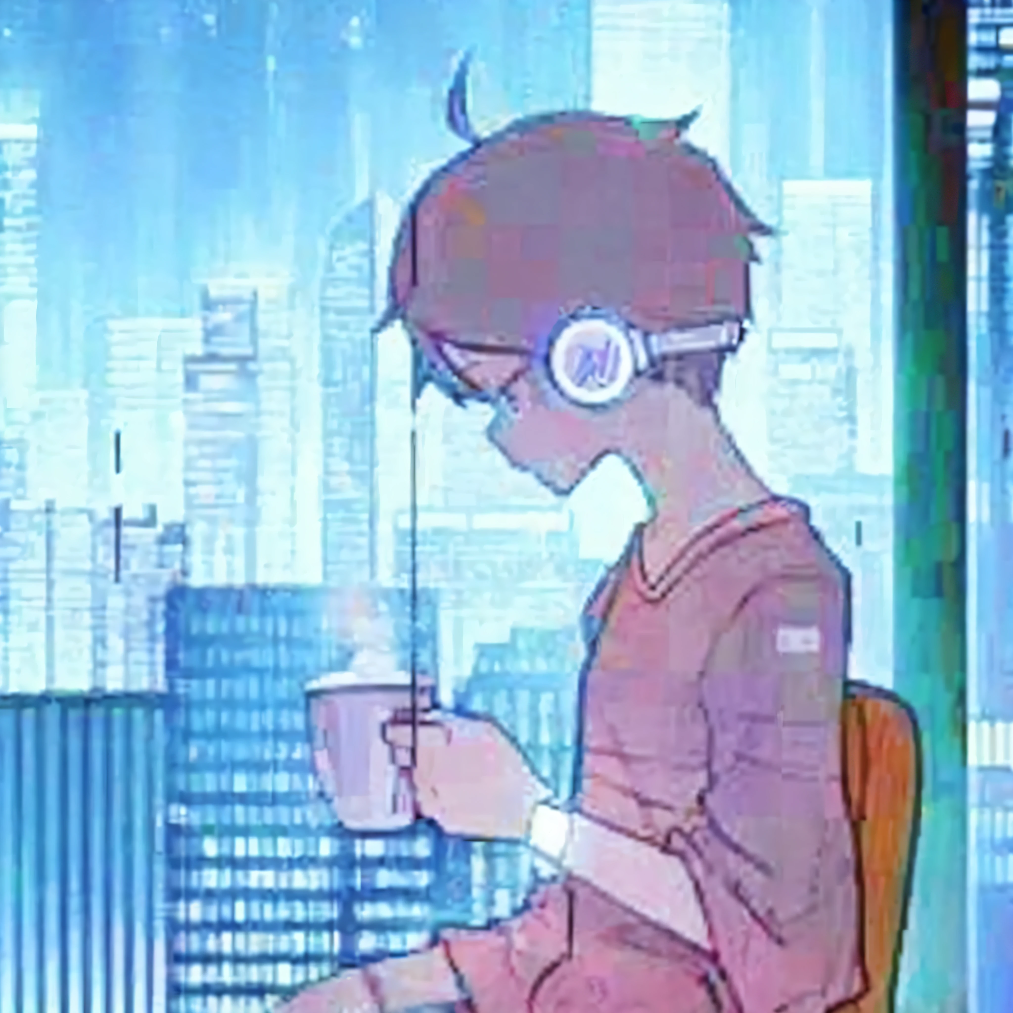 anime boy sitting on a chair with headphones on and holding a cup, lofi artstyle, anime aesthetic, anime vibes, lofi feel, anime asthetic, anime mecha aesthetic, lo fi, 8 0 s anime vibe, lofi girl, dreamy psychedelic anime, lo-fi, lo - fi, lofi hip hop, lofi, lofi art