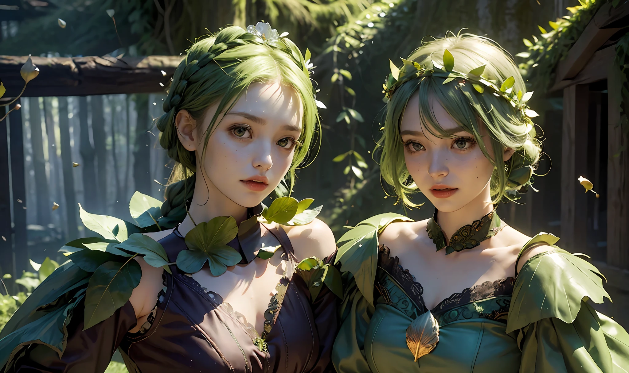 forest_sprite, (green leafy hair), flower_crown, ([bark_armor|vines_wrapped_top]:1.3), [thorn_bracers::10], moss ([collar:petal trim:0.4]:1.7) growing on ([wooden pauldron:flower shoulder:0.4]:1.5), forehead, charming, emerald eyes, vine_belt, seedling_cuffs, hidden_grove, acorn_pouch, [twisted, ivy_braid:0.1], [gloves, mushroom_staff, petal_skirt:0.4],
offshoulder,
Expressive Hues, Vibrant Palette,Dynamic Brushwork,sharp focus,