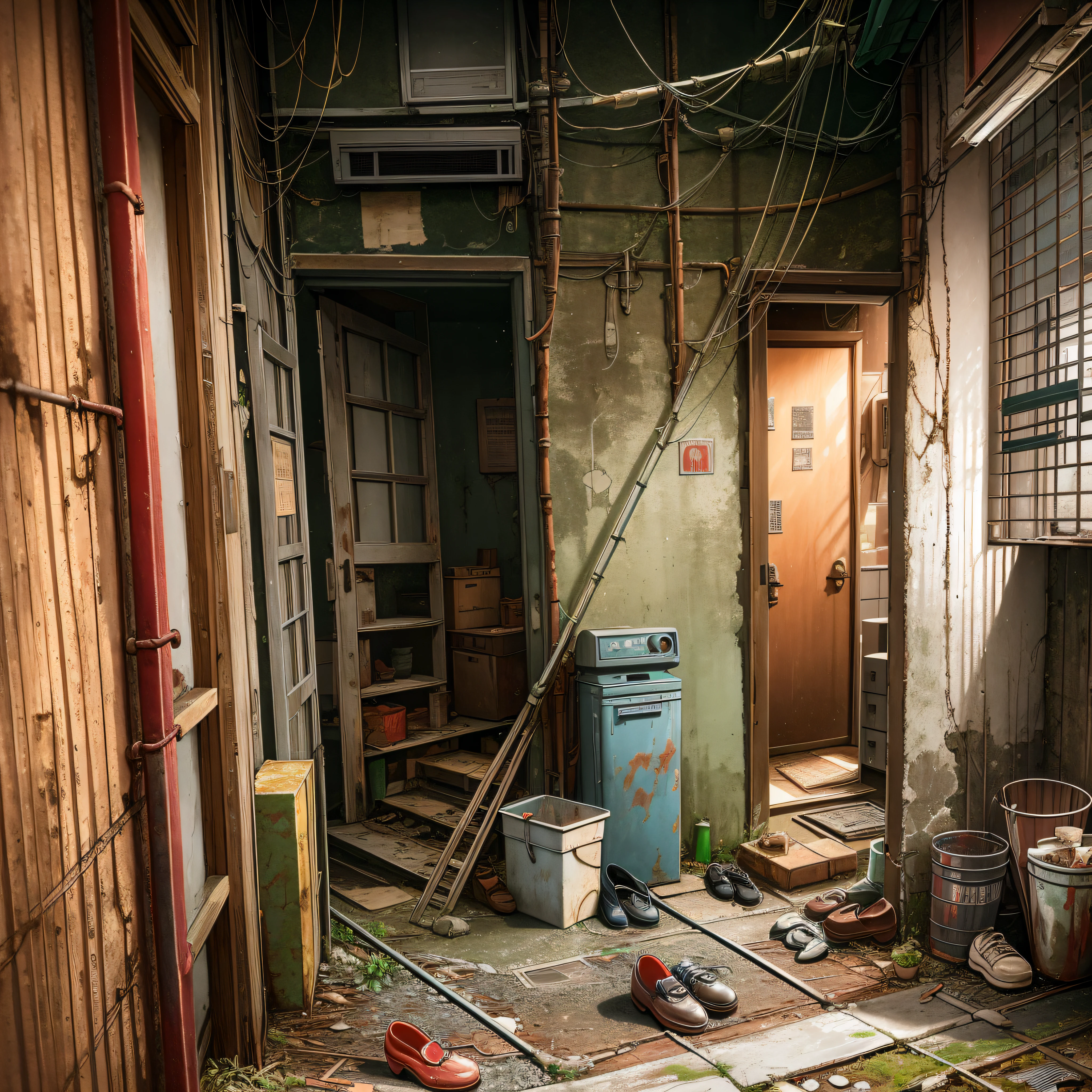 Abandoned house, entrance, shoe box, Dojunkai apartment surreal and very detailed illustrations, images with objects very loaded, viewpoint from below, dirty cement stairs with cracks, trash cans, metal signs, cables, poles, rusty pipes, wall pipes, electricity meters, gray and dark walls, empty boxes, old paper on the floor, paint on damaged walls, metal and rusty scrap, mechanical parts (rusty, brown), dim lighting, very dark landscape shadows, red and green neon lights, moisture, wooden, entrance, evening, toys, cute, lots of green empty bottles, shoes, umbrella, sandals, clogs --auto --s2