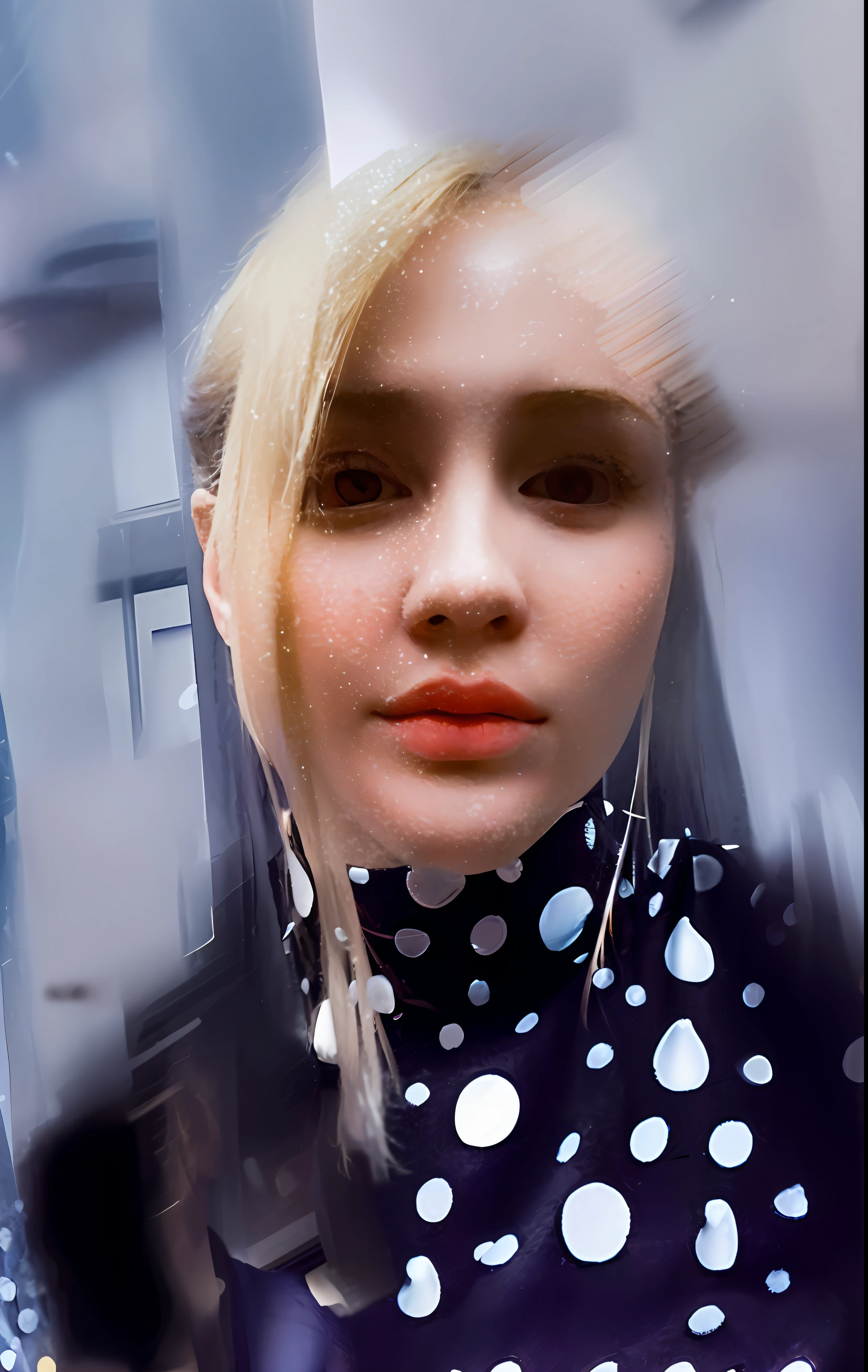blond woman with blue eyes and polka dot shirt looking at camera, portrait of kim petras, digital art but photo, blurry face, blurred face, lofi portrait at a window, resembling a mix of grimes, inspired by Yanjun Cheng, blurry and glitchy, 8k selfie photograph, in thomas ruff style, lofi portrait, distorted photo