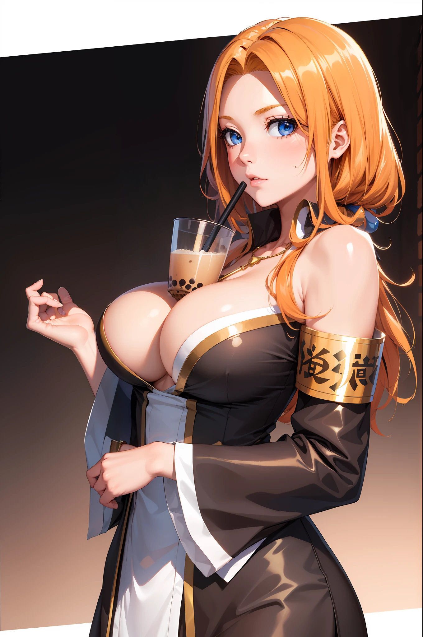 (masterpiece, best quality: 1.2), solo, 1girl, Matsumoto Rangiku, bubble tea challenge, drinking straw, arms crossed, shoulder-length hair, long blonde hair (orange) and wavy, blue eyes, fleshy lips, a beauty mark located under the right side of the mouth, curvy woman, very large breasts, ((Clothing) shihakushō, loose robes, ample breasts be revealed, golden necklace tucked between the neckline, armband, band of his uniform), (((no errors))), ((well detailed)), (((extremely well done)))