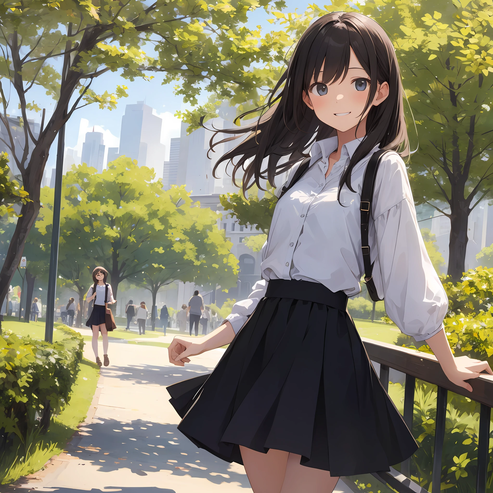 The girl in the skirt is talking happily, and the background is in the park