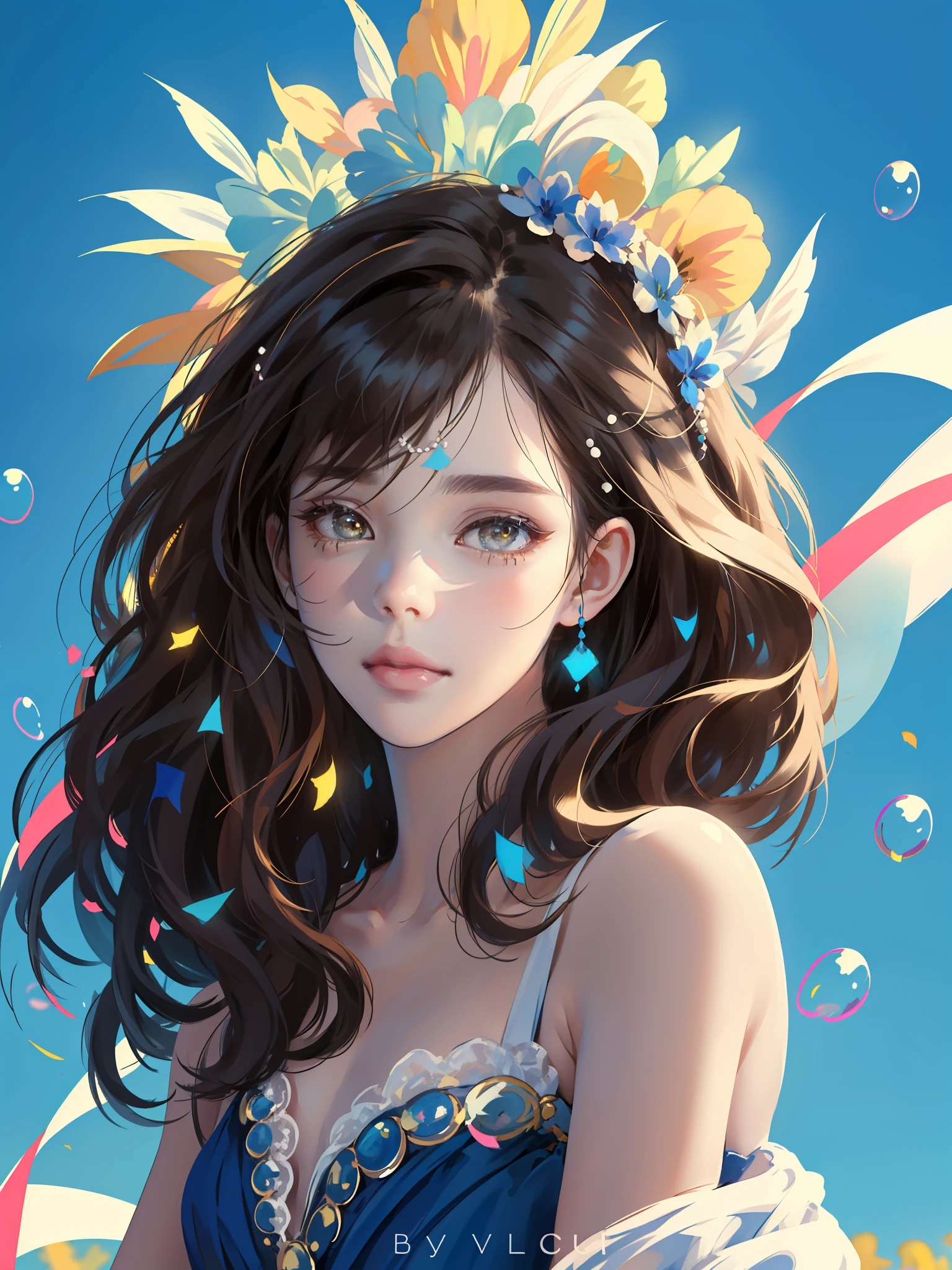 ((Masterpiece)), high quality, super detailed, black hair + blue clothing: 1.2, sweet and delicate girl, delicate facial features, surrounded by bubbles, bright bright colors, pearl white background, romantic long hair, natural light, warm and sweet, brown eyes, pearl hair accessories, streamers, gorgeous hair decoration.