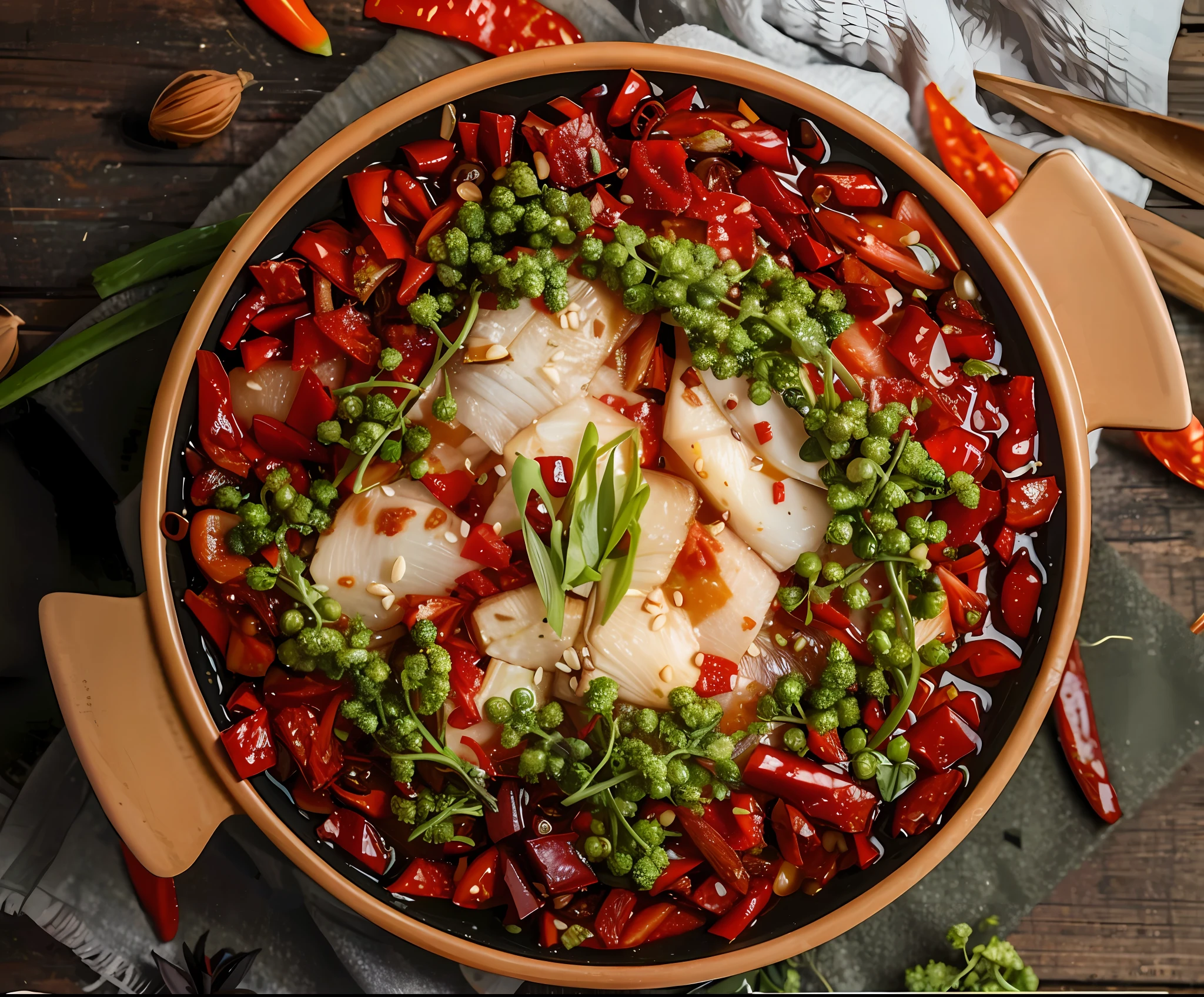 There is a bowl of food with a lot of vegetables, Sichuan, delicious, high quality food photography, high quality, fish fillets, chili, rattan pepper