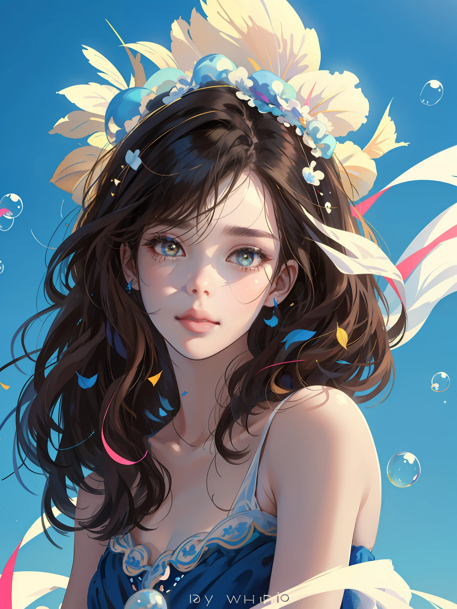((Masterpiece)), high quality, super detailed, black hair + blue clothing: 1.2, sweet and delicate girl, delicate facial features, surrounded by bubbles, bright bright colors, pearl white background, romantic long hair, natural light, warm and sweet, brown eyes, pearl hair accessories, streamers, gorgeous hair decoration.