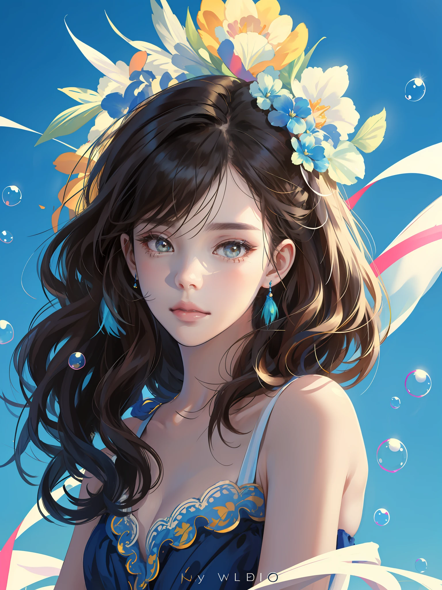 ((Masterpiece)), high quality, super detailed, black hair + blue clothing: 1.2, sweet and delicate girl, delicate facial features, surrounded by bubbles, bright bright colors, pearl white background, romantic long hair, natural light, warm and sweet, brown eyes, pearl hair accessories, streamers, gorgeous hair decoration.