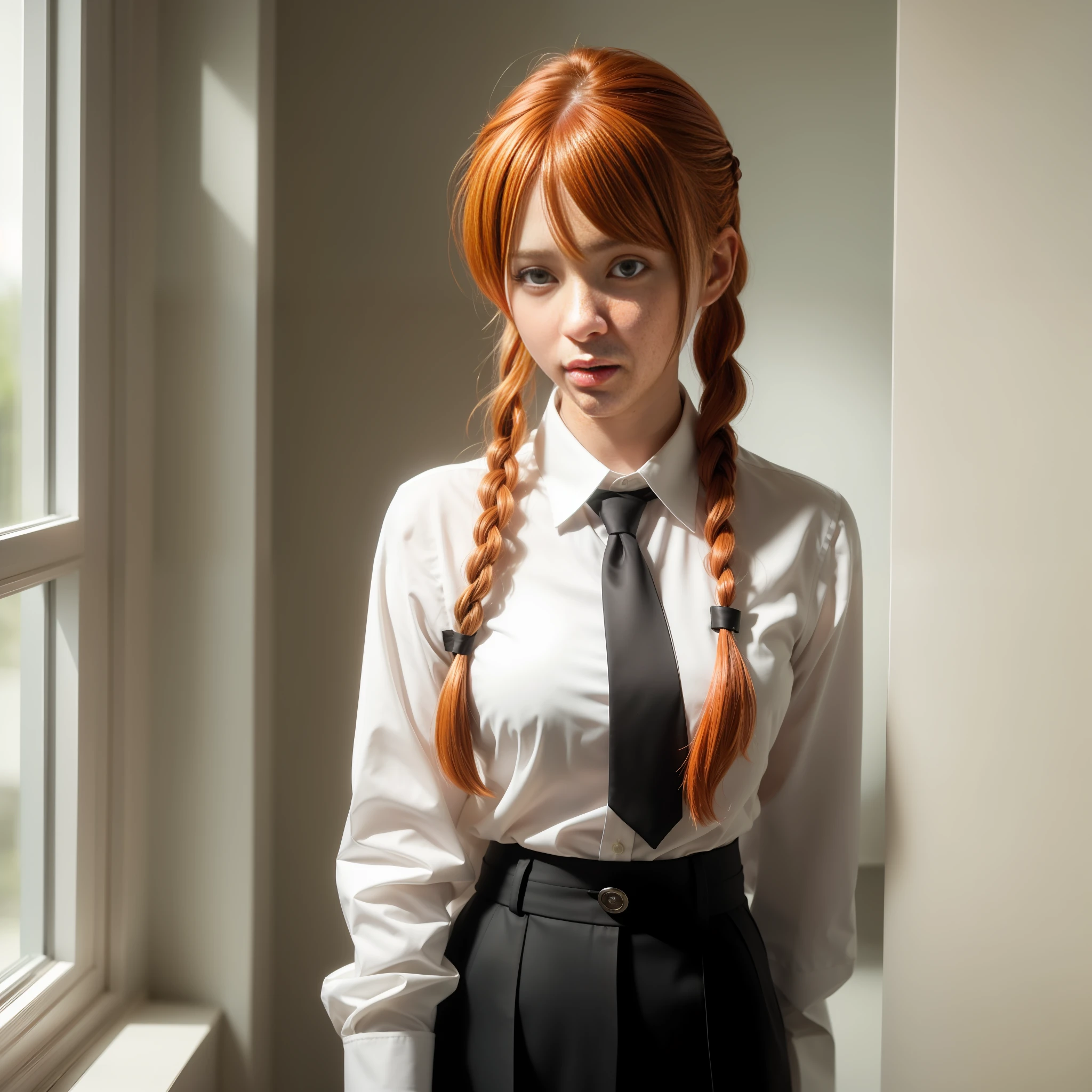 detailed shiny skin, (realistic, photo-realistic:1.4), a pretty girl, standing, looking out of window, white shirt, collared shirt, black necktie, black trousers, long sleeves, slight smile (nose blush), yellow eyes + ringed eyes, short hair + red hair + long braided hair, makima \(chainsaw man\)