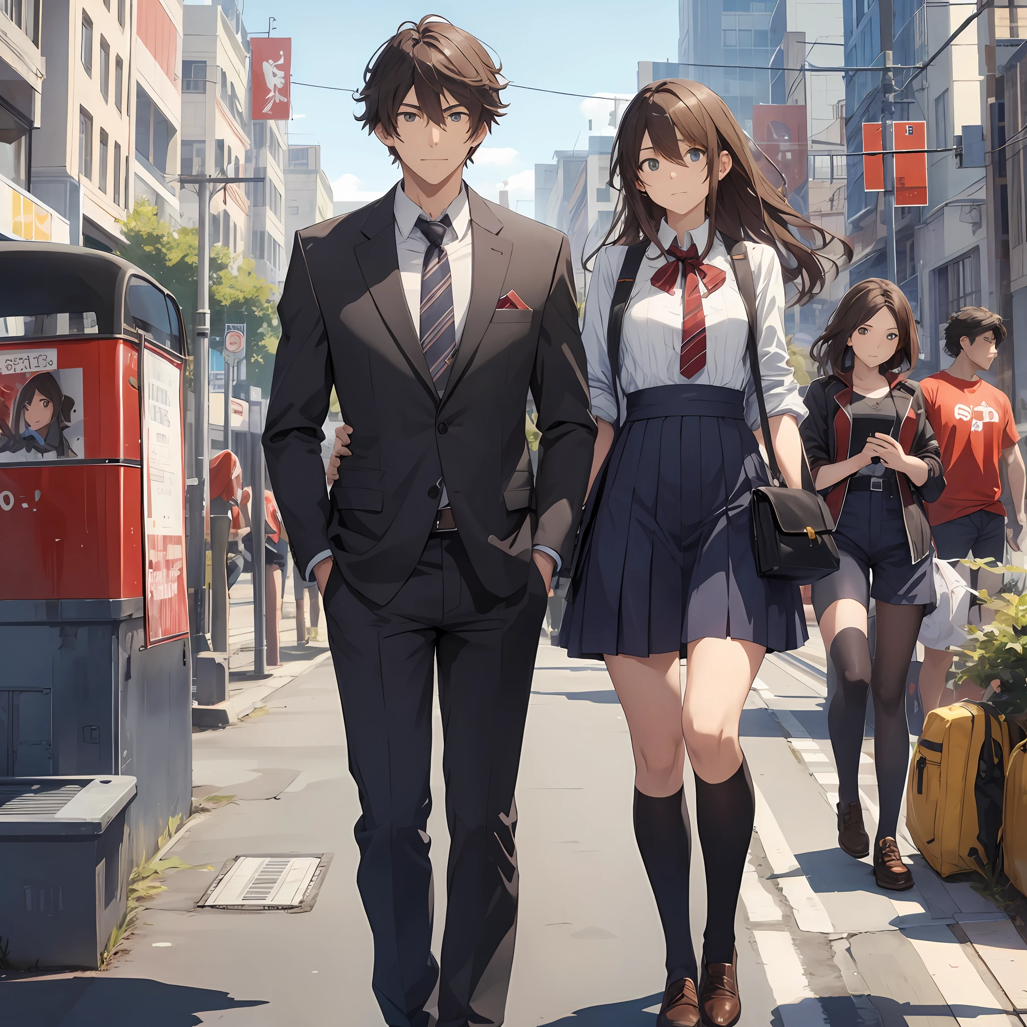 One, a handsome high school boy, and a woman, in the video game city, with a flat expression