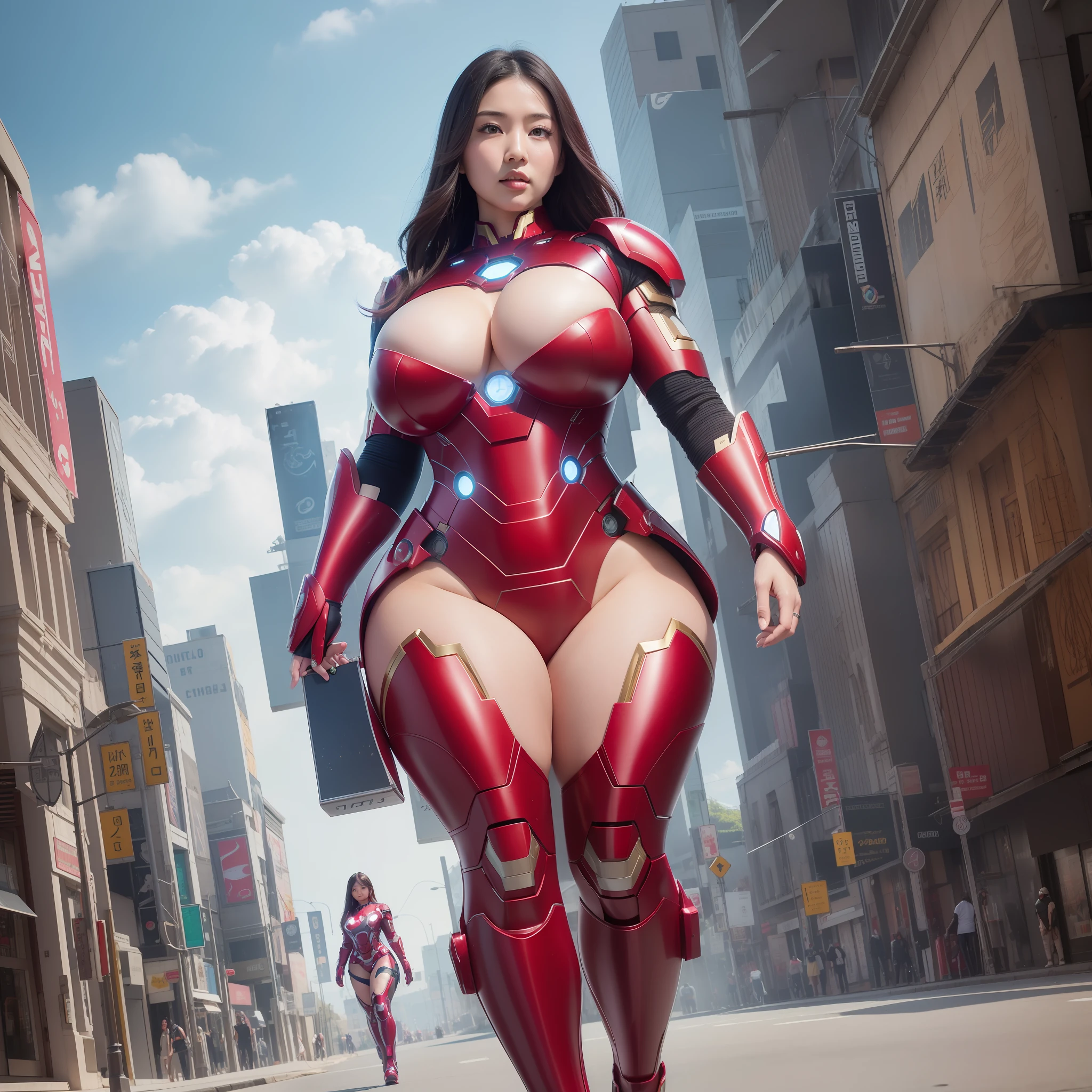 Ultra realistic 8k full_body curvy Asian woman wearing the front iron man armor with large breasts and large thighs voluptuous with the Ark reactor between the breasts with opening to the large breasts walking down the street