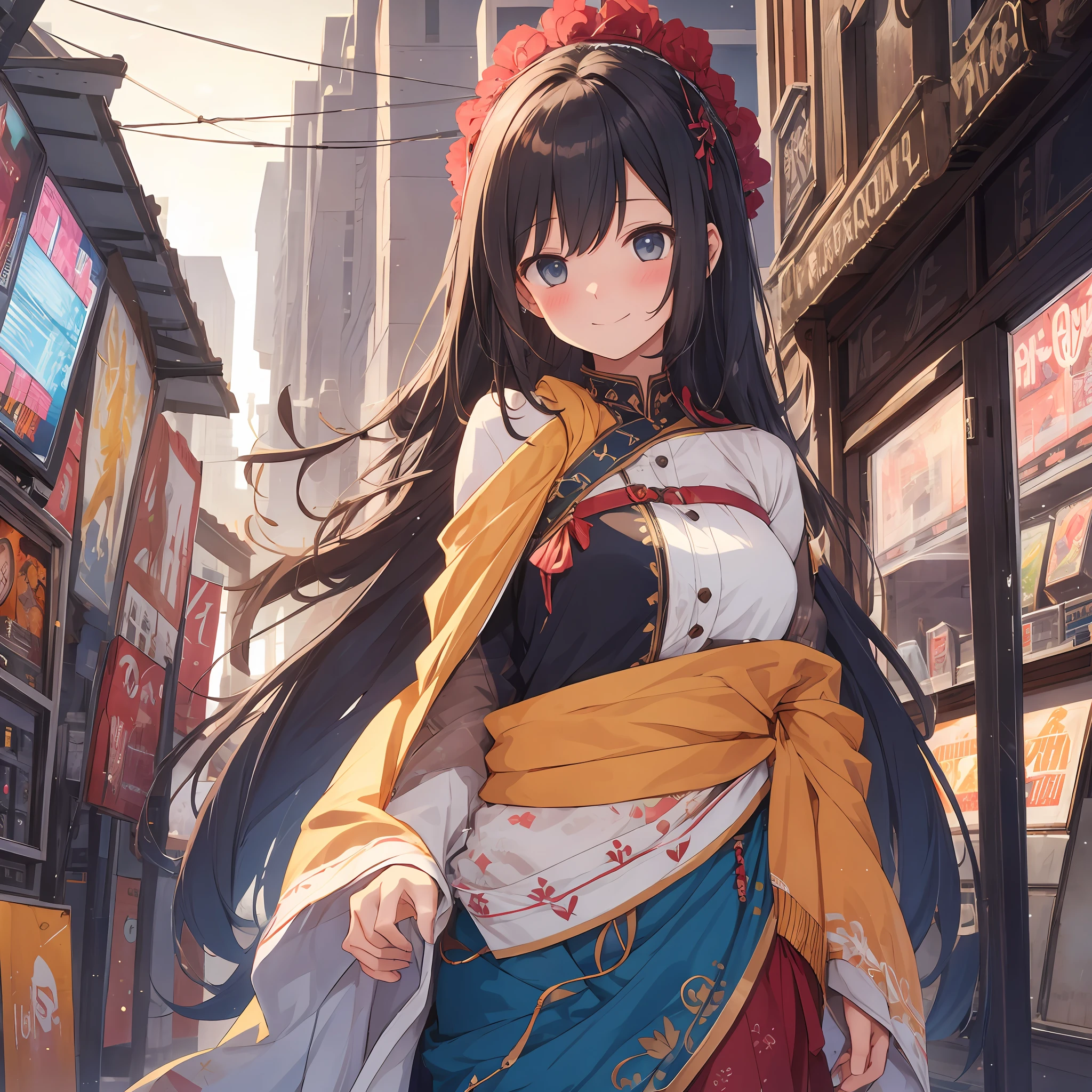 A girl talking happily and blushing shyly, with a game hall in the background