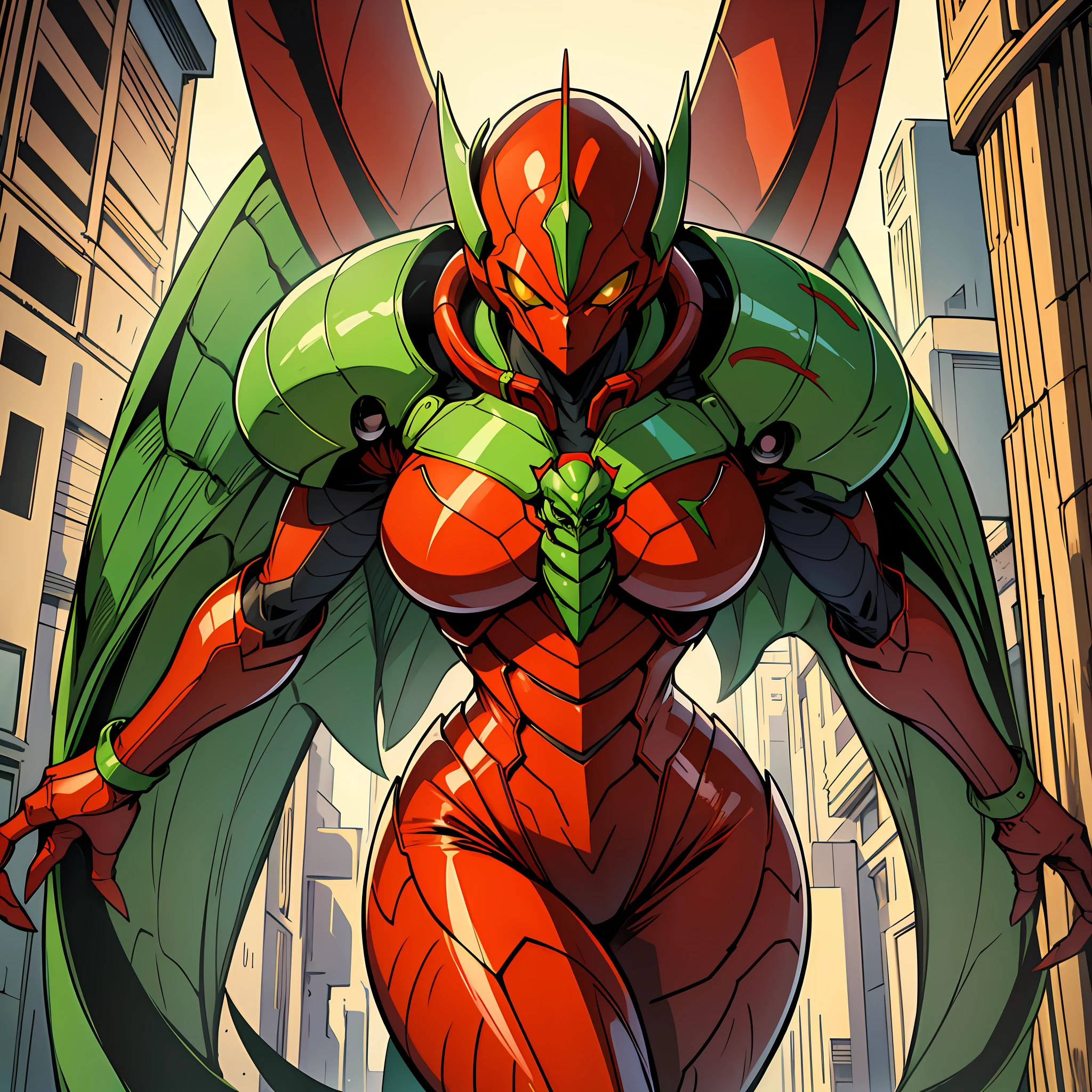 Cartoon photo of woman in green and red costume, hot insect humanoid woman, Guyver style, SFW version, red eye, scarab reploid, bellows tail, cel shade adult animation, alien queen, serpentine pose, --auto --s2