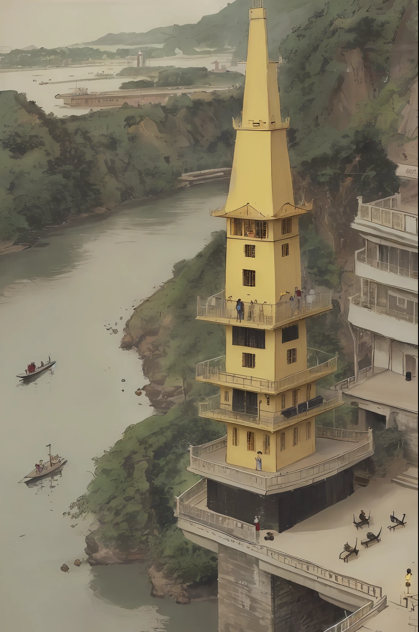 The Yellow Crane Tower on the Yangtze River, there is a small sailboat in the river
