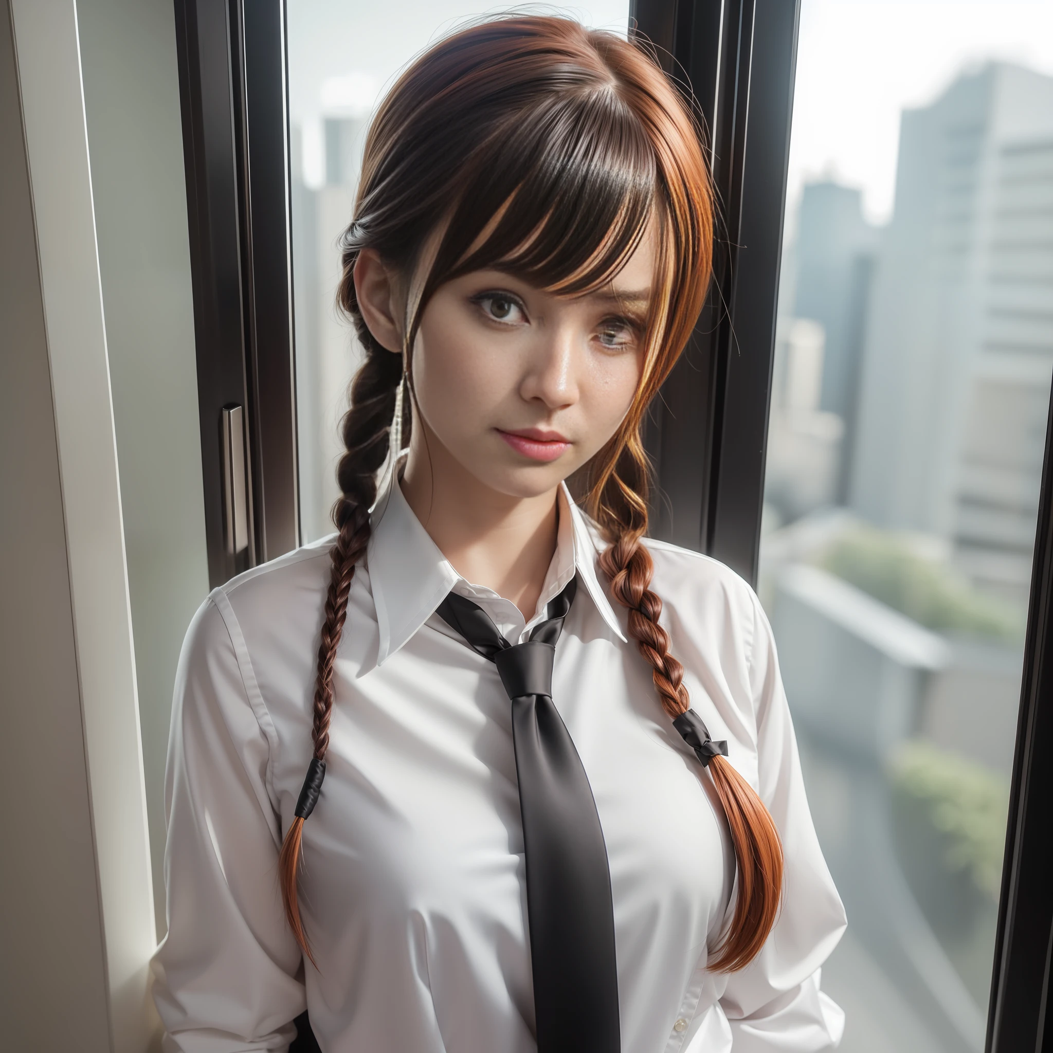 detailed shiny skin, (realistic, photo-realistic:1.4), a pretty girl, standing, looking out of window, white shirt, collared shirt, black necktie, black trousers, long sleeves, slight smile (nose blush), yellow eyes + ringed eyes, short hair + red hair + long braided hair, makima \(chainsaw man\)