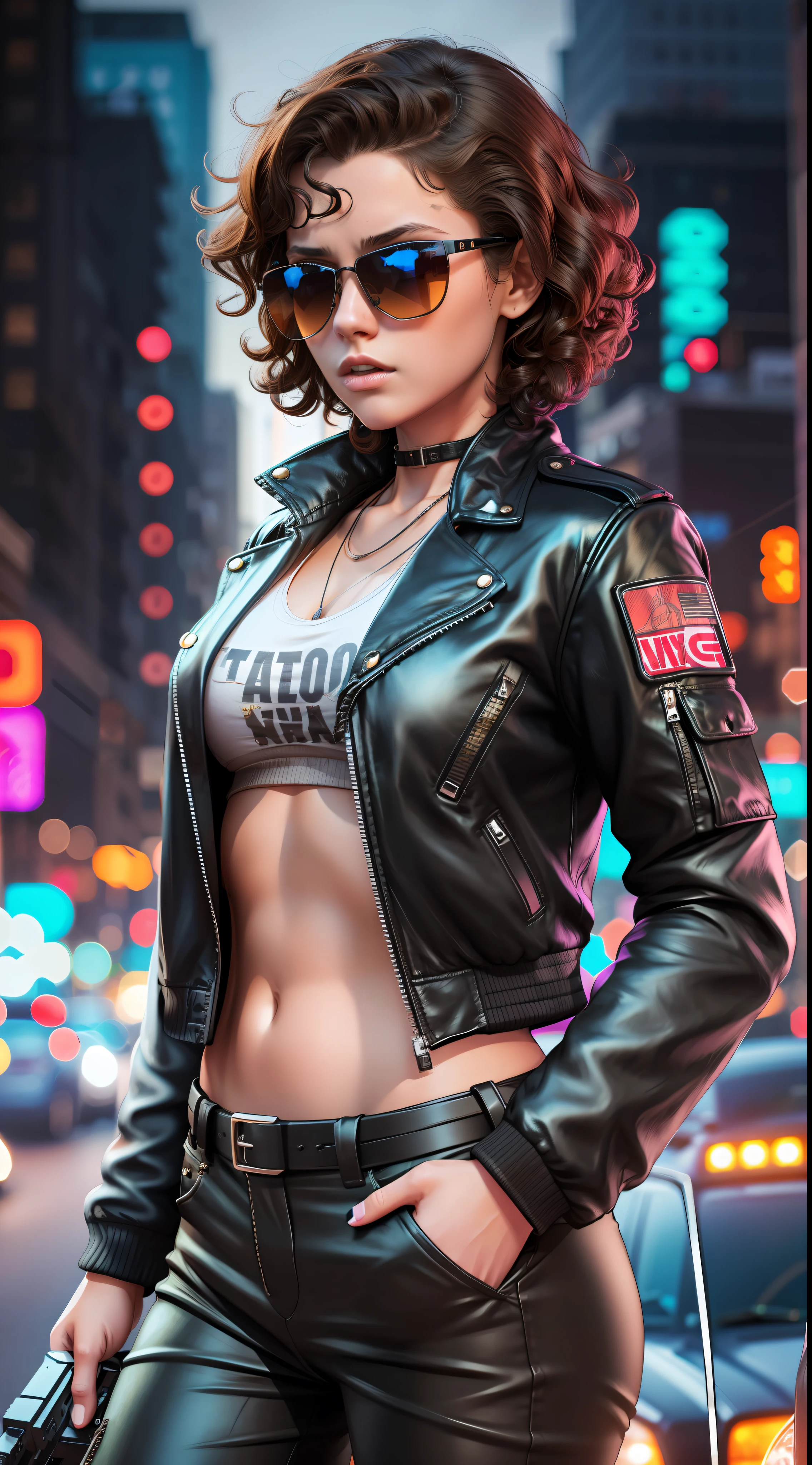 Girl 18 years brunette jacket and pants black leather, sunglasses, short curly hair,half large bodies,with nervous expression,armed, holding two machine gun,in a city the night neon apocalyptic,(8k detailed realistic raw photo)