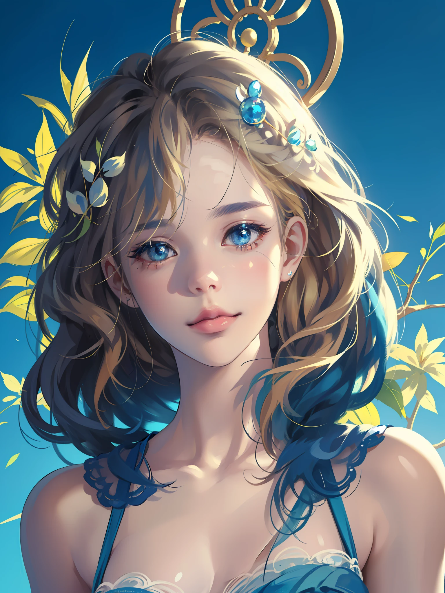((Masterpiece)), high quality, super detailed, blonde hair + blue clothing: 1.2, sweet and delicate girl, delicate facial features, perfect figure, bubbles around, bright bright colors, pearl white background, romantic long hair, natural light, warm and sweet, blue eyes, gorgeous hair decoration.